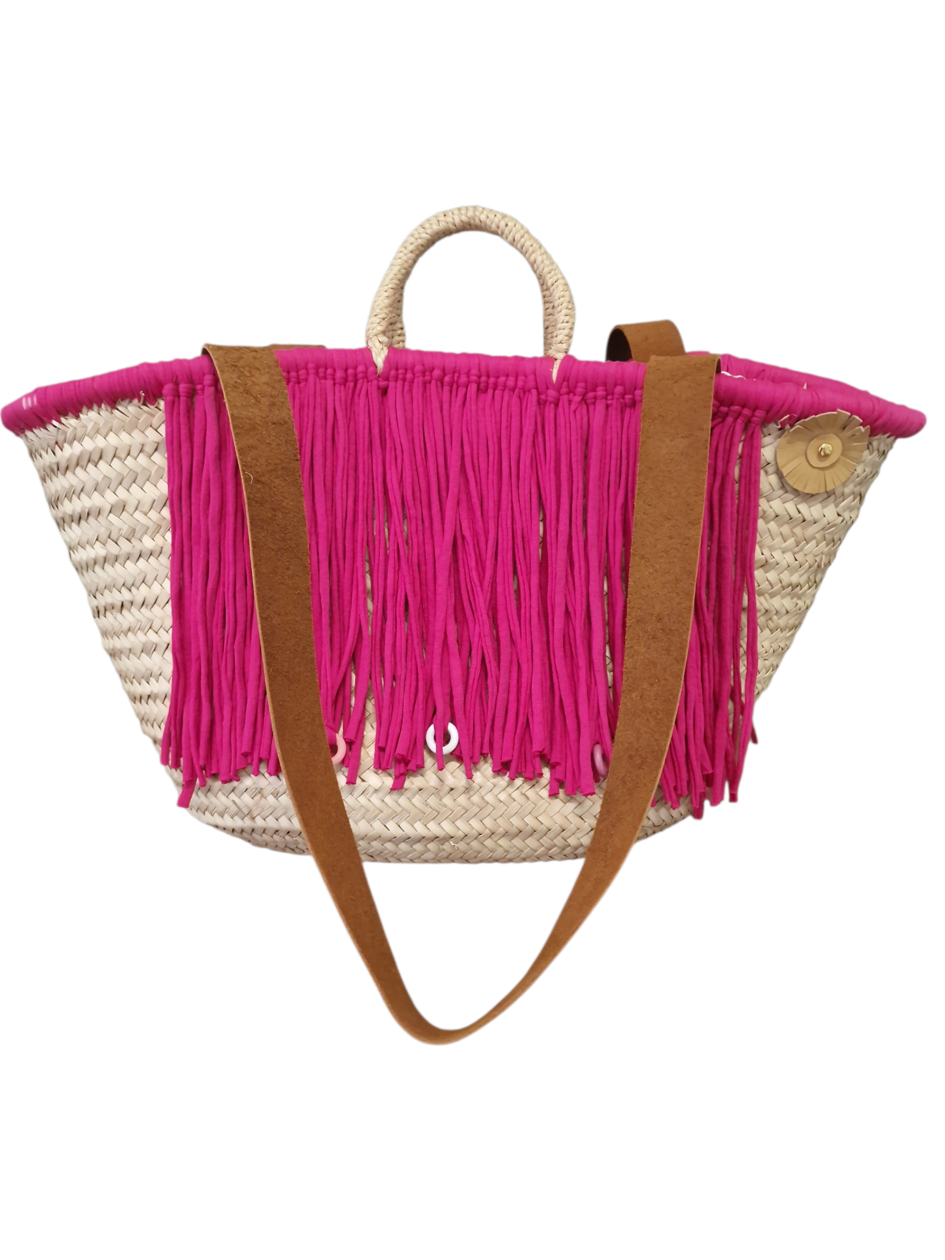 maxi coffa siciliana della collezione ammuri con frangia in cotone fuxia e anelli colorati , manici in cuoio e fiore ammuri in pelle naturale
