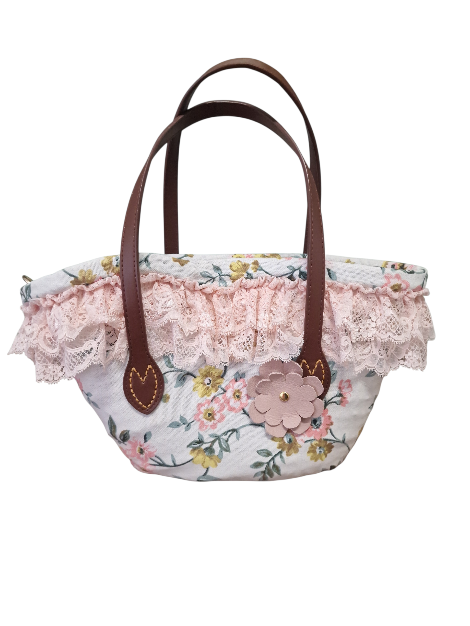 Coffetta Ammuri Marzamemi in tessuto floreale con pizzo rosa cipria e manici in pelle