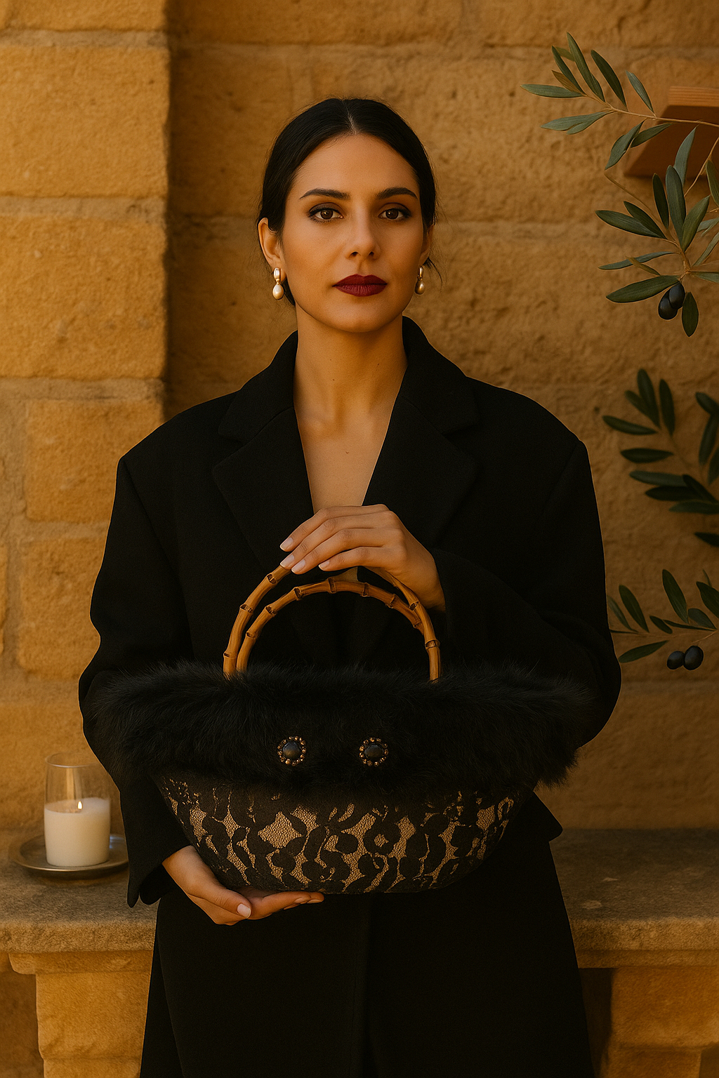 Modella in abito nero che tiene la coffa “Notte d’Ammuri”, design siciliano elegante da sera