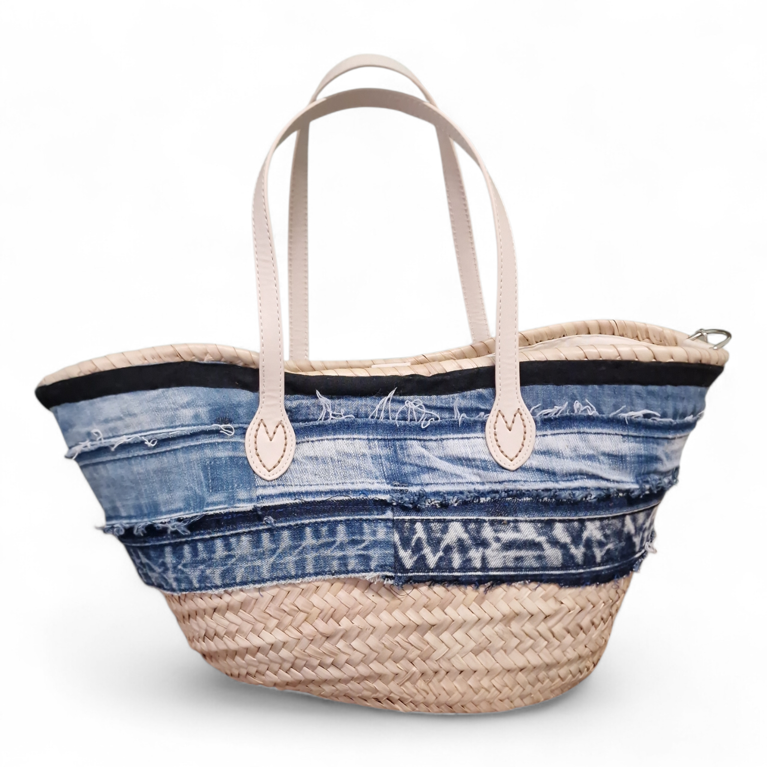 retro della borsa sole di denim rivestita in jeans e manici in pelle bianca con catenella per tracolla