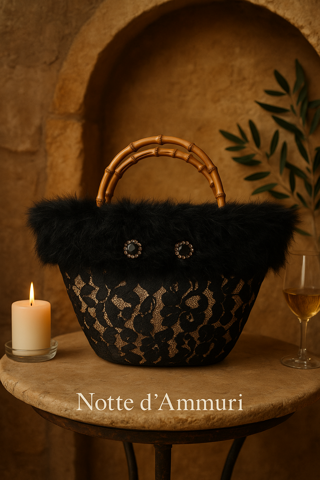 Coffa artigianale “Notte d’Ammuri” in pizzo nero con manico in bamboo, ambientazione siciliana elegante con candela