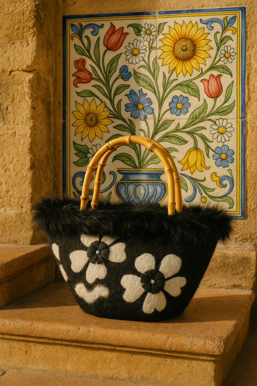 Borsa Fiori d’Ammuri con lana nera e fiori bianchi, fotografata davanti a maiolica siciliana.