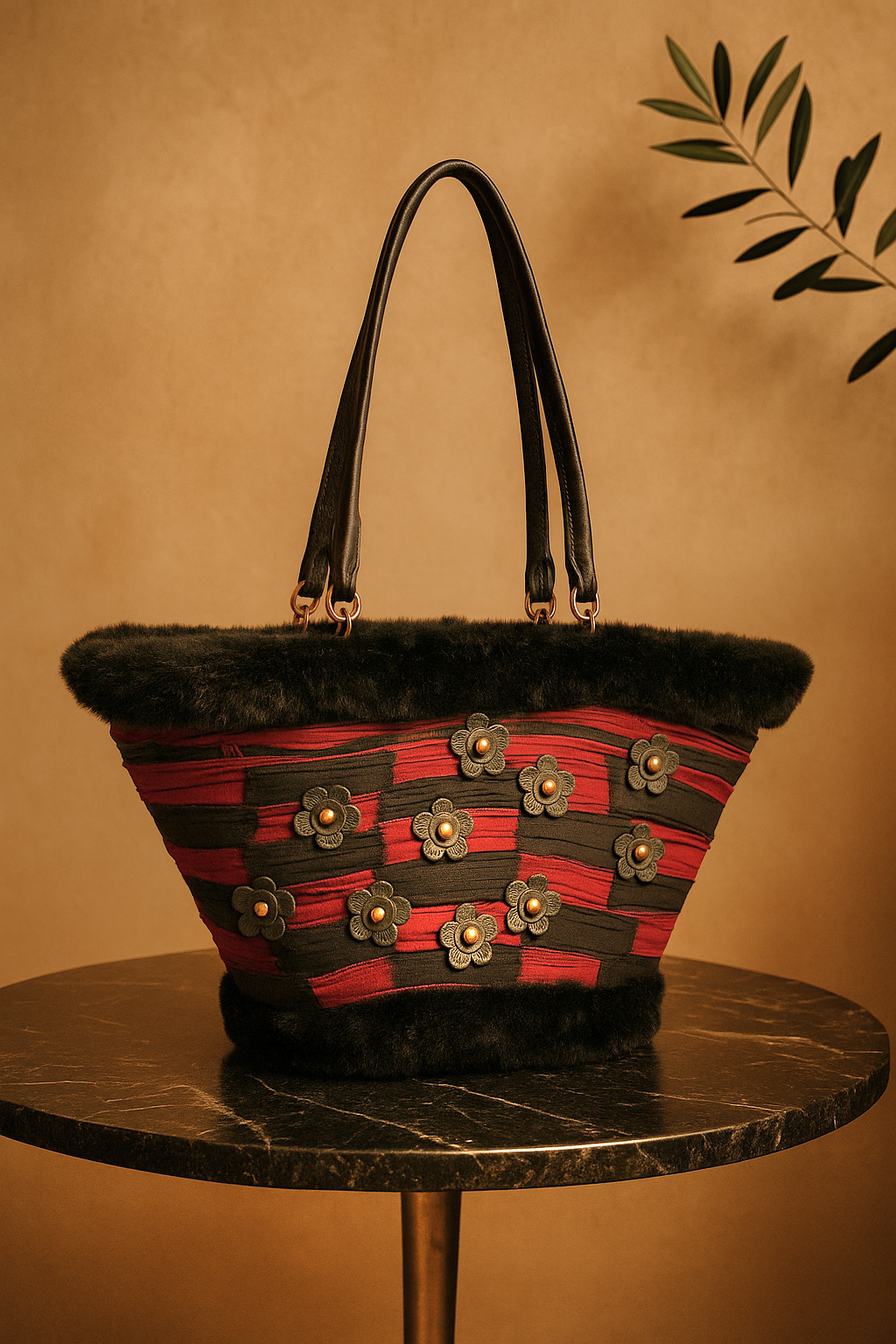 Borsa Elison su tavolo in marmo, intreccio rosso e nero con fiori in pelle e finiture luxury, design siciliano couture