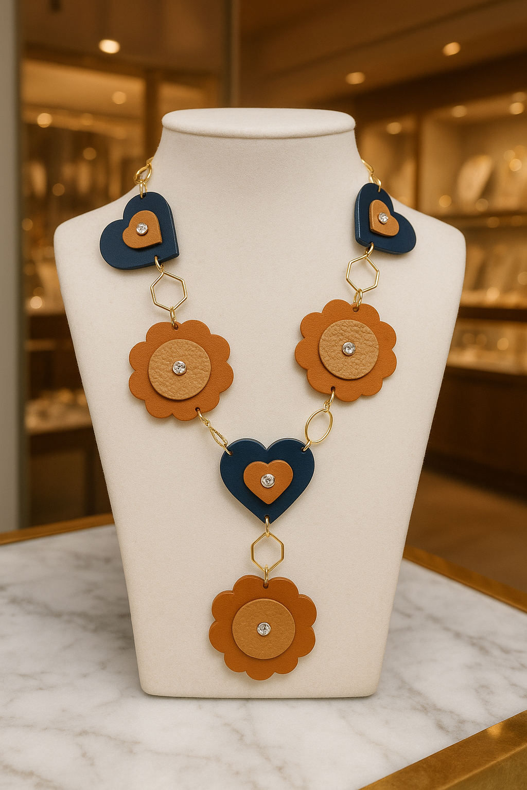A colorful statement necklace with leather heart and flower-shaped pendants, some adorned with small rhinestones, on a jewelry display bust.