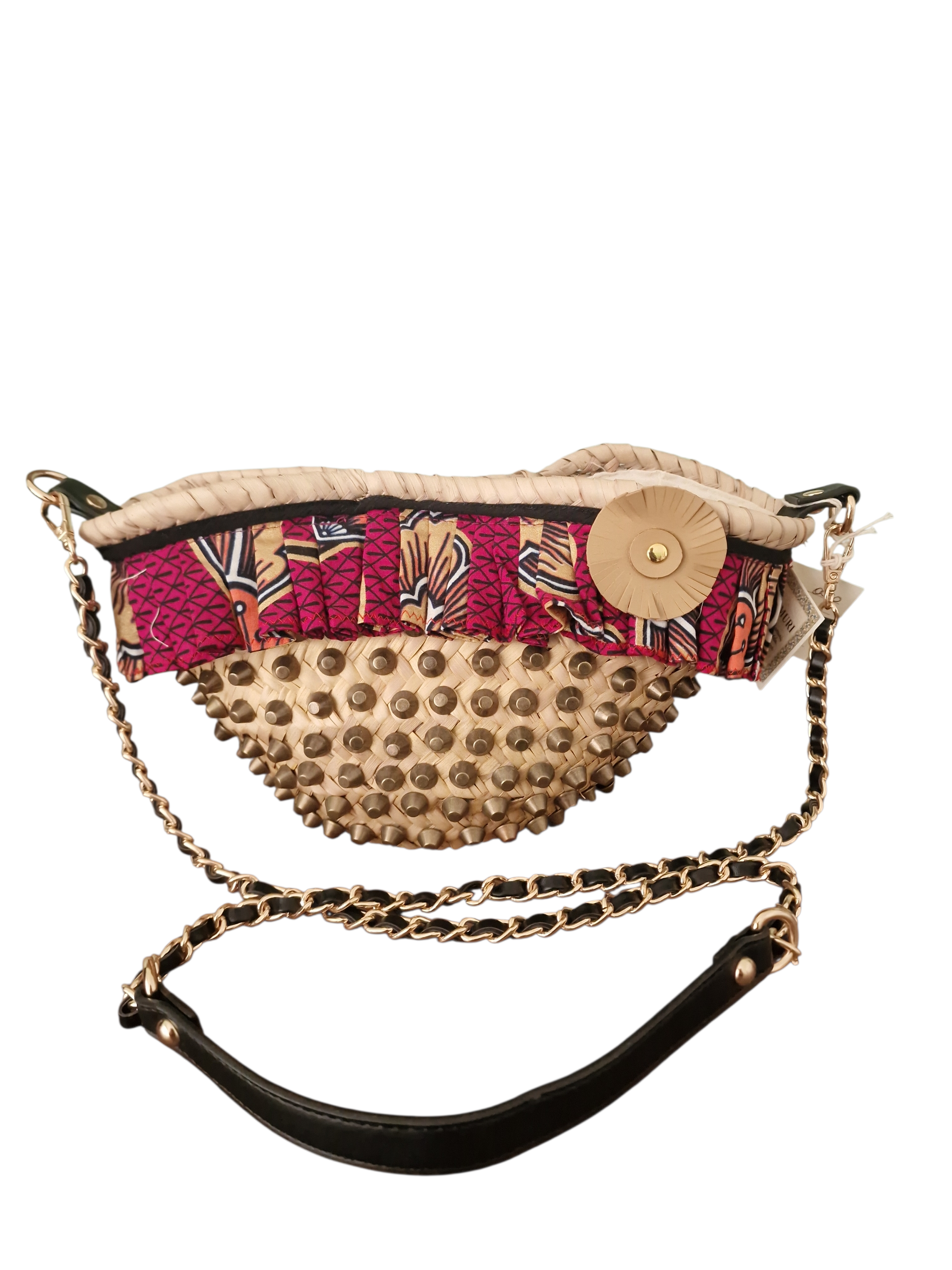 coffetta ammurusa rivestita con fascia a fantasia a voilà con borchie dorate e tracolla in pelle nera e dorata