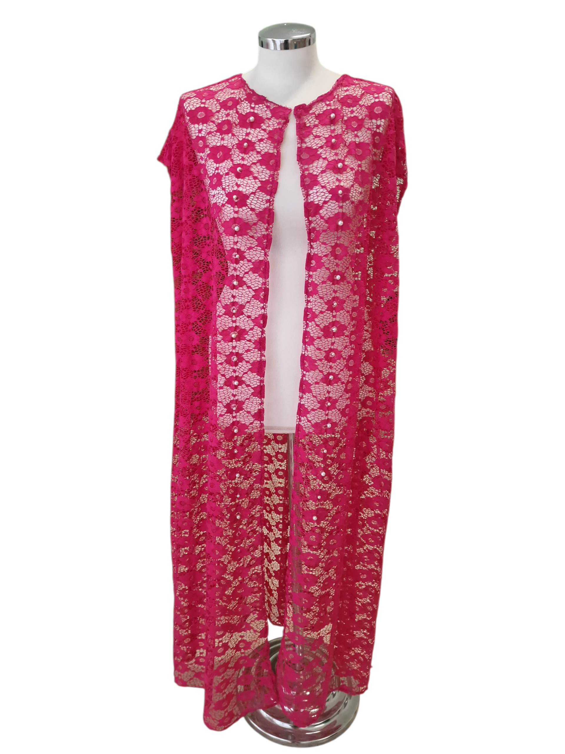 copricostume in pizzo fuxia con applicazione di perle sul davanti , lungo e leggero