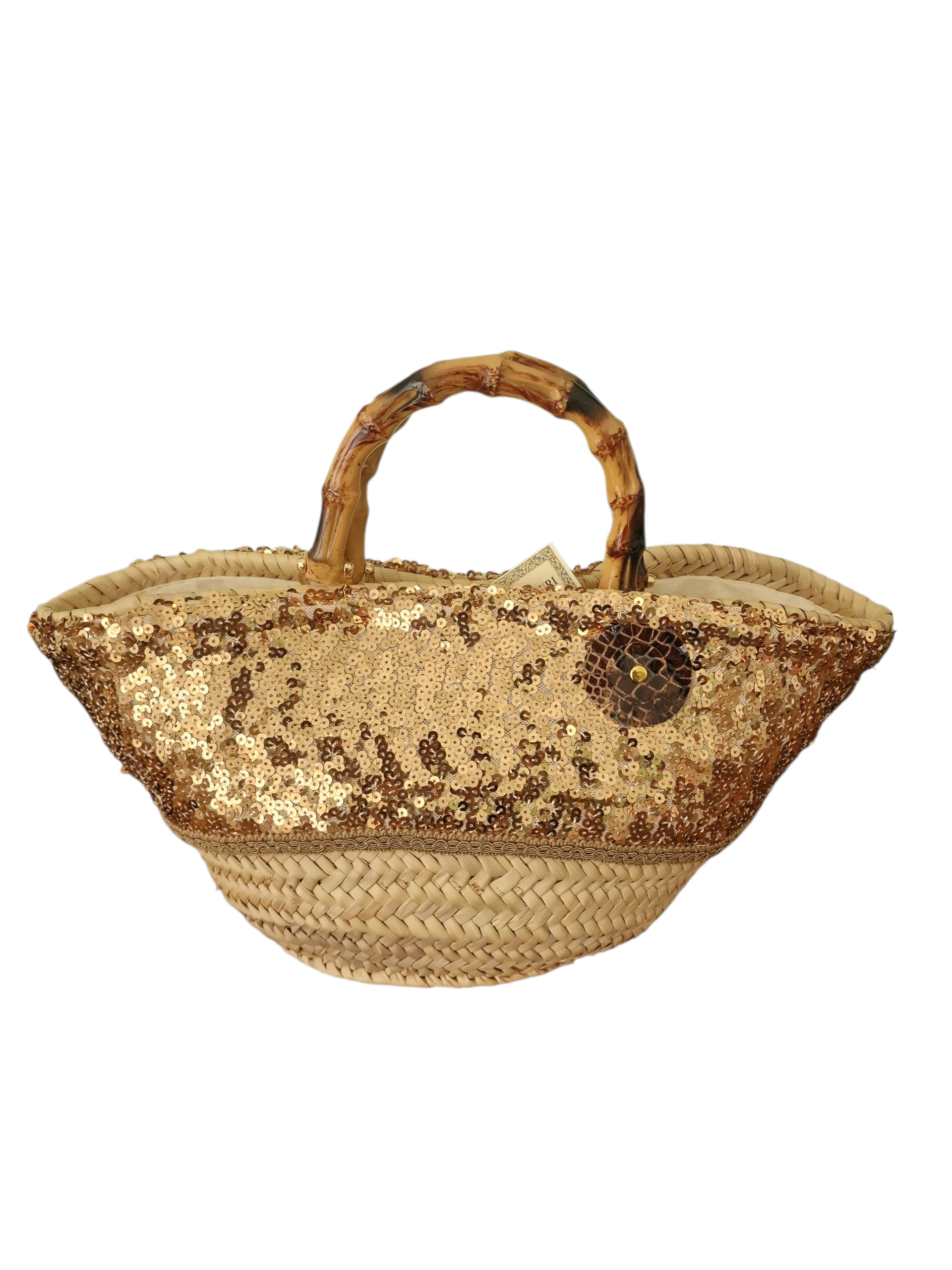 coffa borsa Splendura elegante e rivestita con tessuto di paillette ,manici in bambù e fiore in pelle naturale