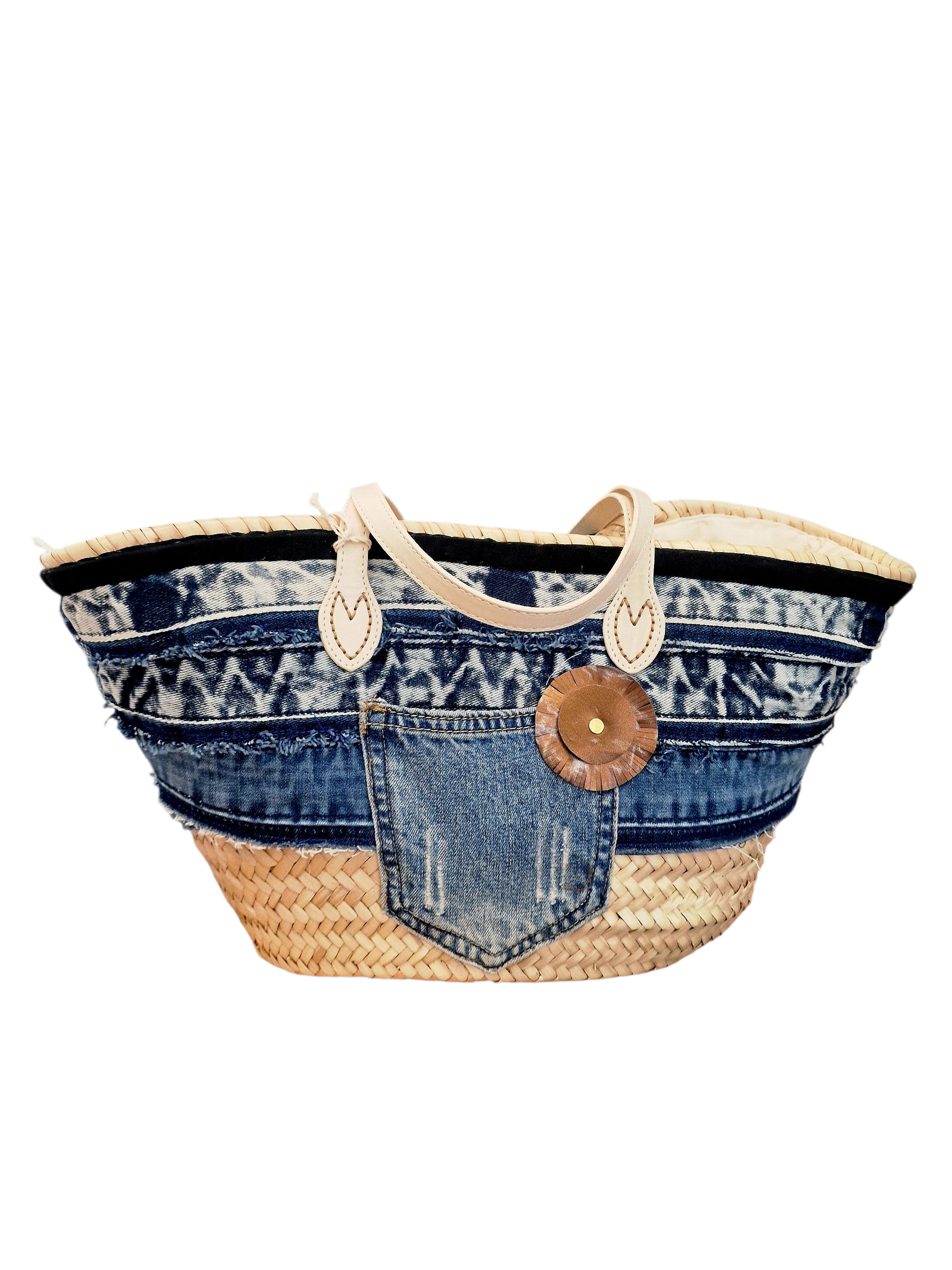 Dettaglio coffa Ammuri Soile di Denim borsa in fibra naturale con fascia in denim riciclato in pelle