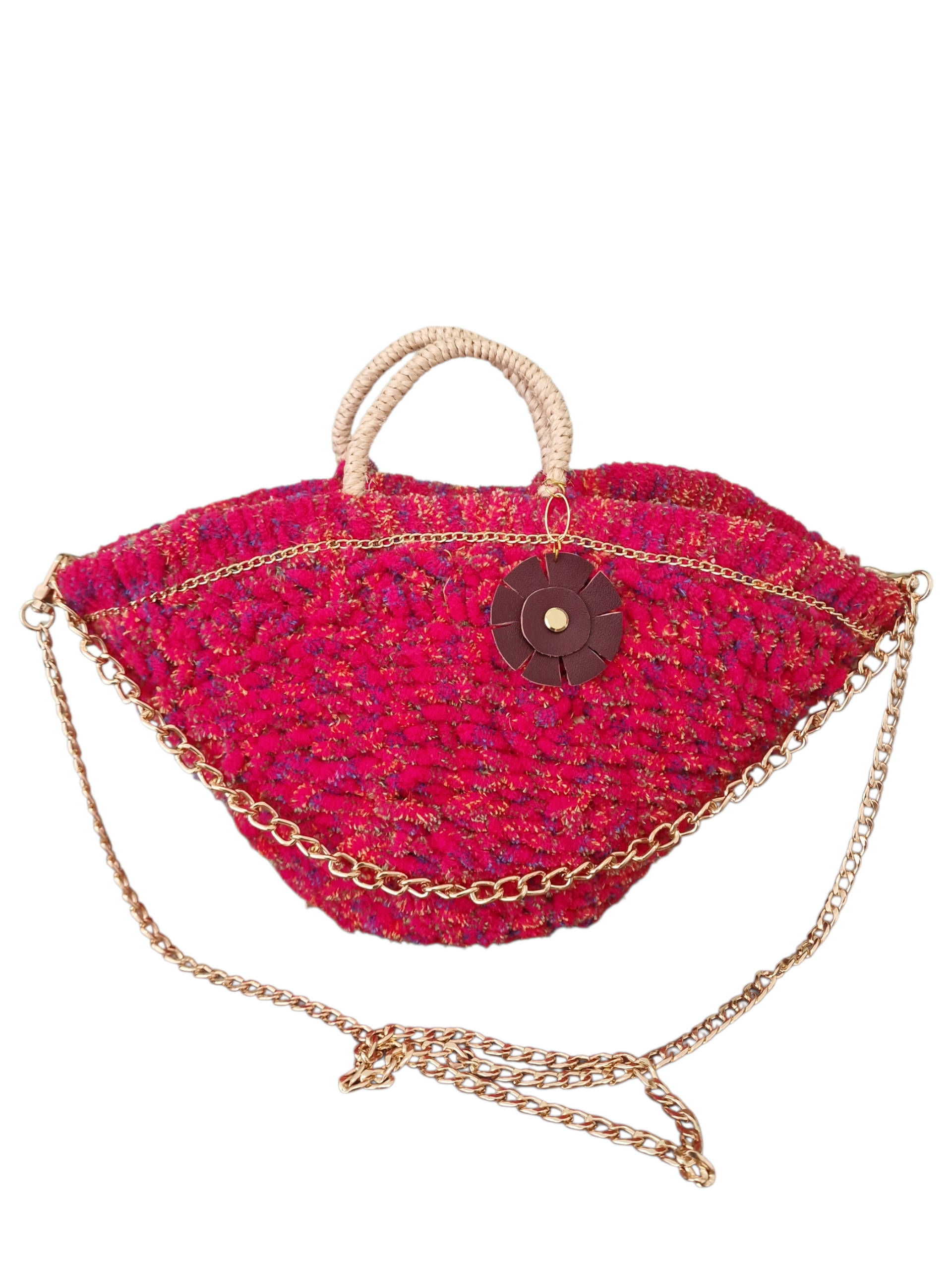 coffetta Fiamma d'Ammuri rivestita in lana fuxia , manici naturali di palma e doppie catenelle con fiore ammuri
