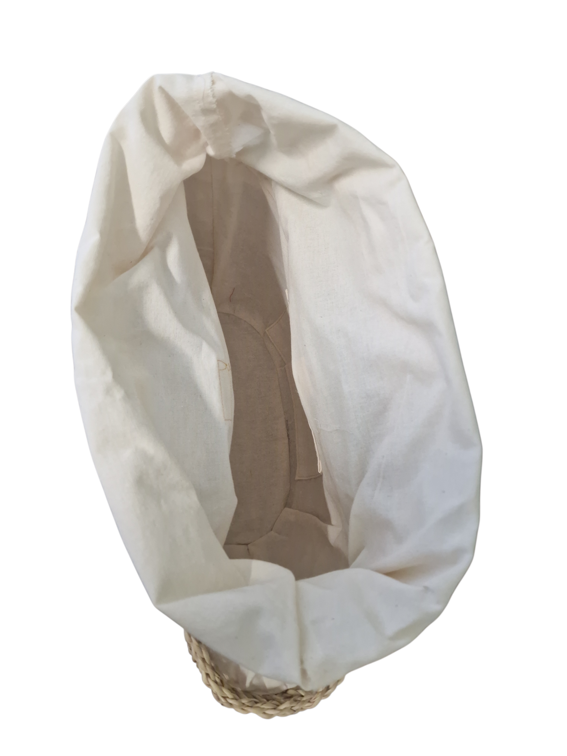 vista dell'interno della coffa ammuri , sacchetto in cotone color panna e tasca , leggera e molto capiente