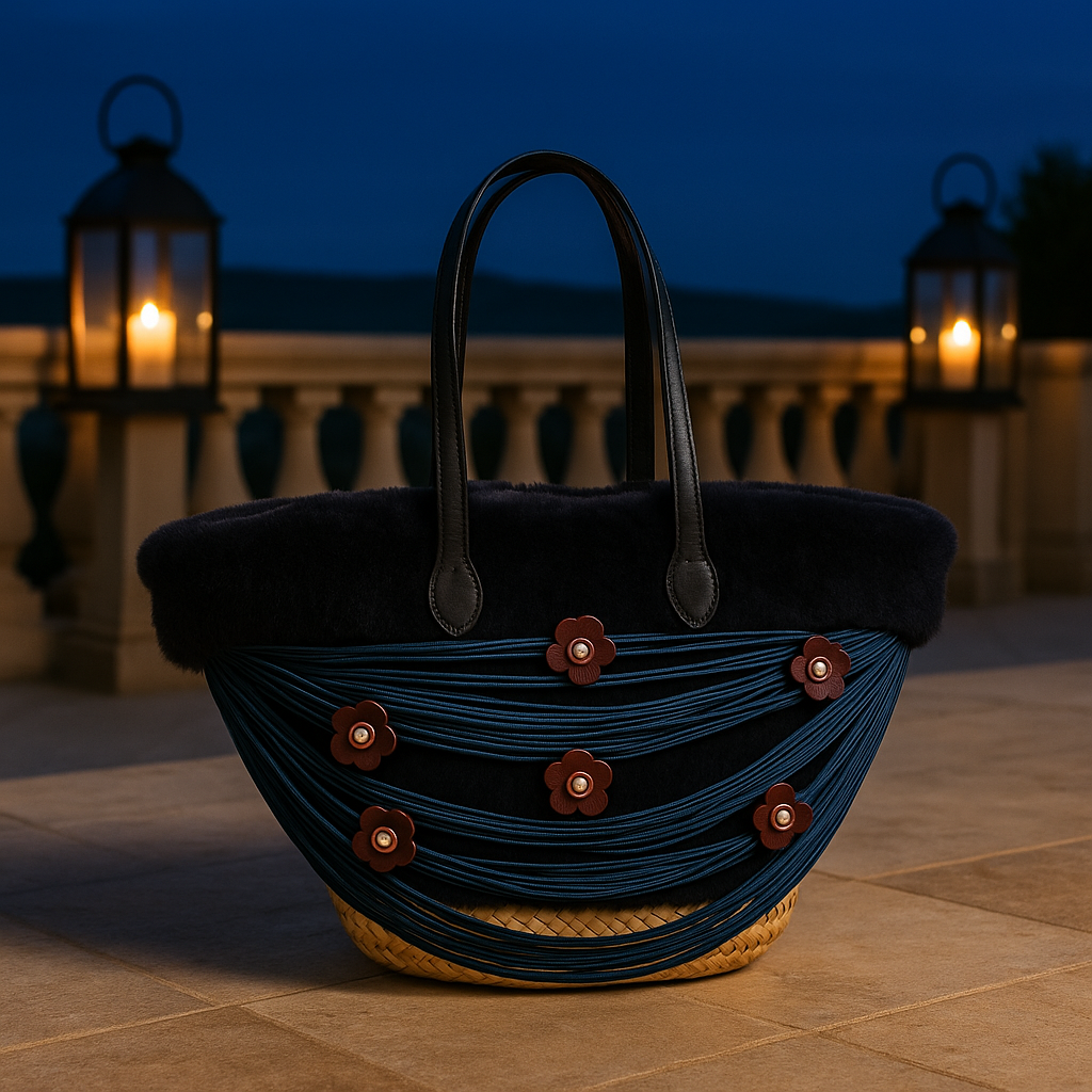 Coffa Blu di Luna su terrazza elegante illuminata da lanterne al tramonto, con vista colline e balaustra in pietra.