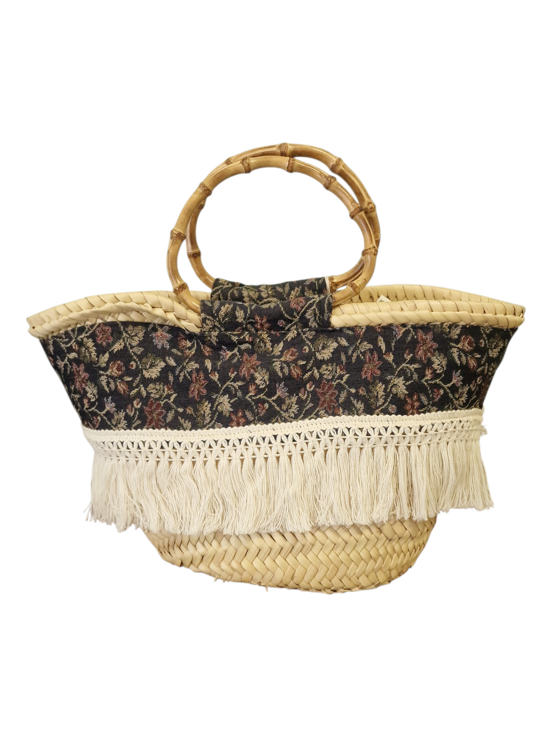 Vista posteriore della borsa Romanzina, che mostra la struttura in paglia intrecciata e il manico in bambù.