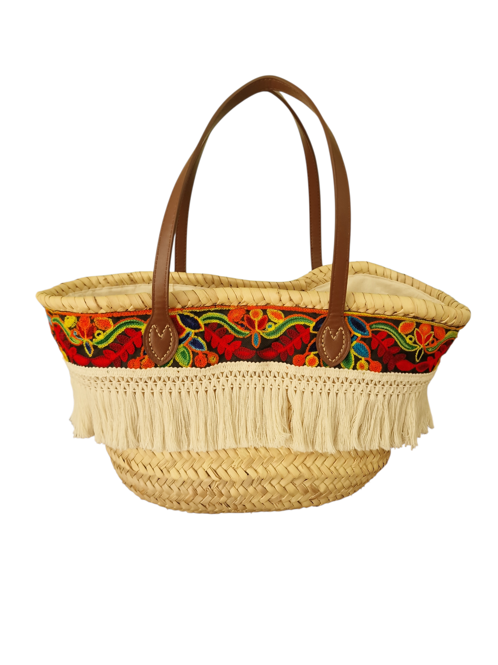 dietro della borsa gioia Ammuri rivestita inh tessuto a fantasia siciliano e frangia in cotone panna con manici in pelle marrona