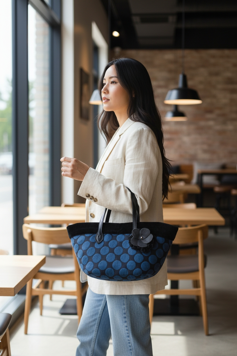 modella in un locale che indossa la coffa Sophia , rivestita di cotone a pois in rilievo ,fascia di velluto nero, manici in pelle e fiore ammuri in pelle