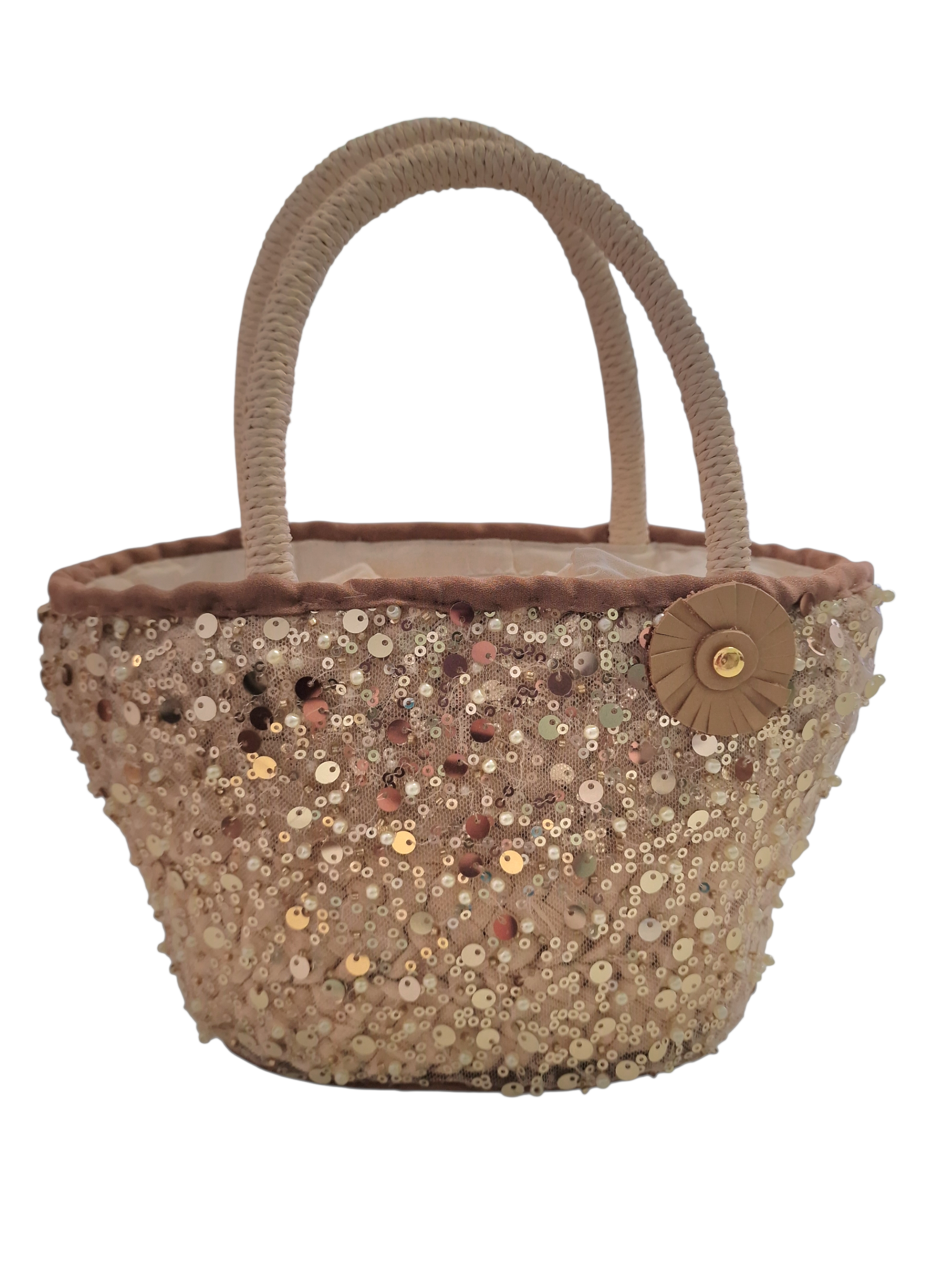 coffetta borsa luce d'ammuri piccola ma capiente rivestita di paillette brillanti e fiore ammuri in pelle naturale con bottoncino dorato