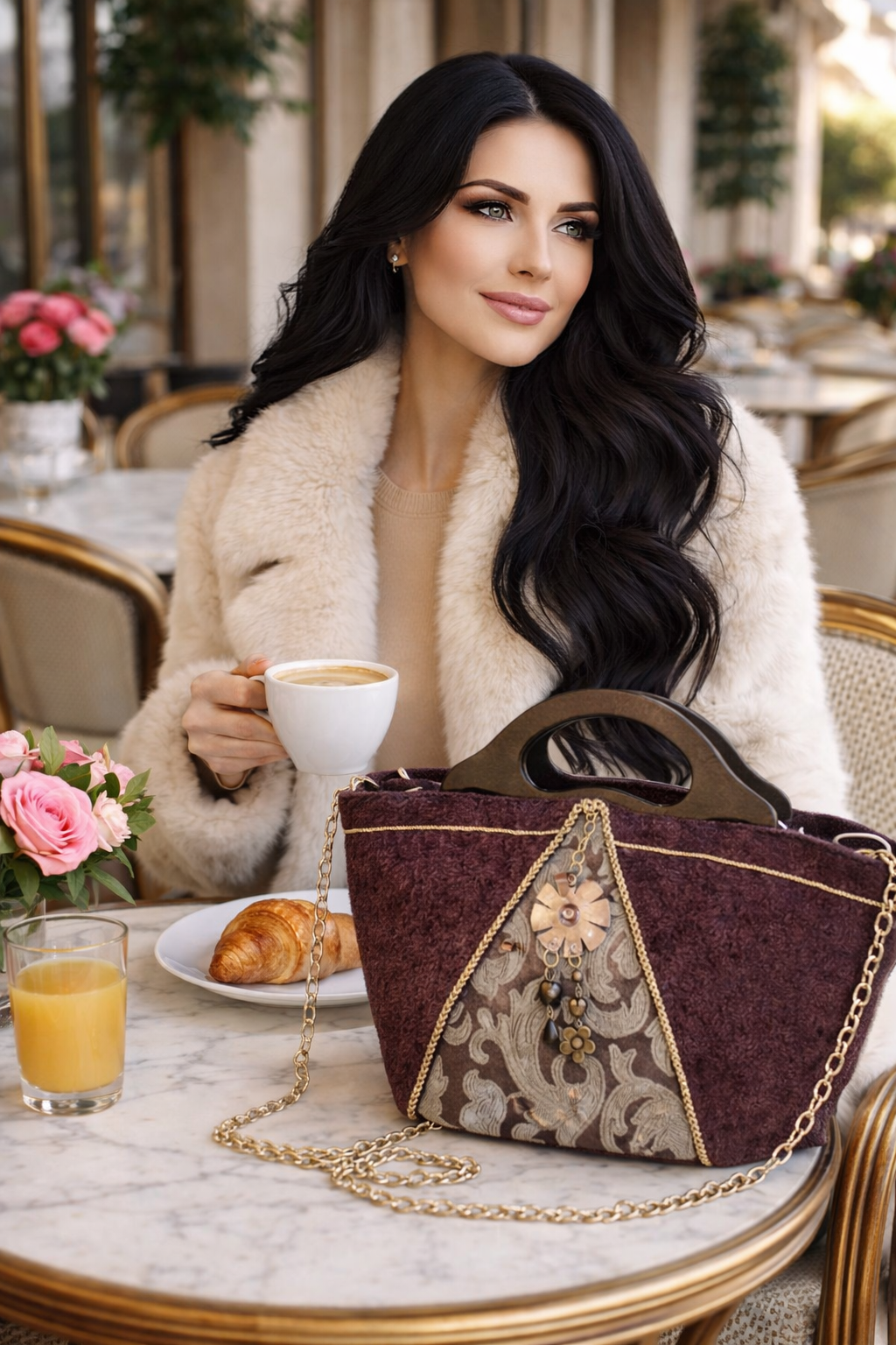 Modella con capelli lunghi neri al bar mentre fa colazione con coffa Ammuri Reginella vicino sul tavolo