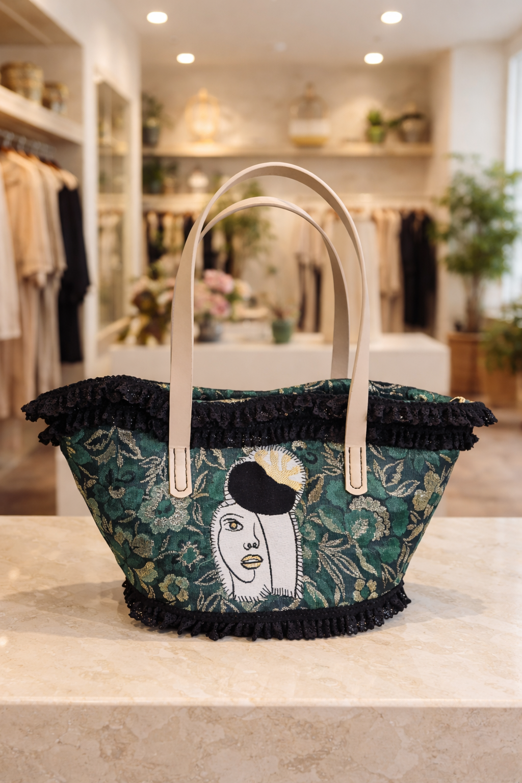 Coffa siciliana Monreale esposta in boutique artigianale con manici in pelle e passamaneria nera