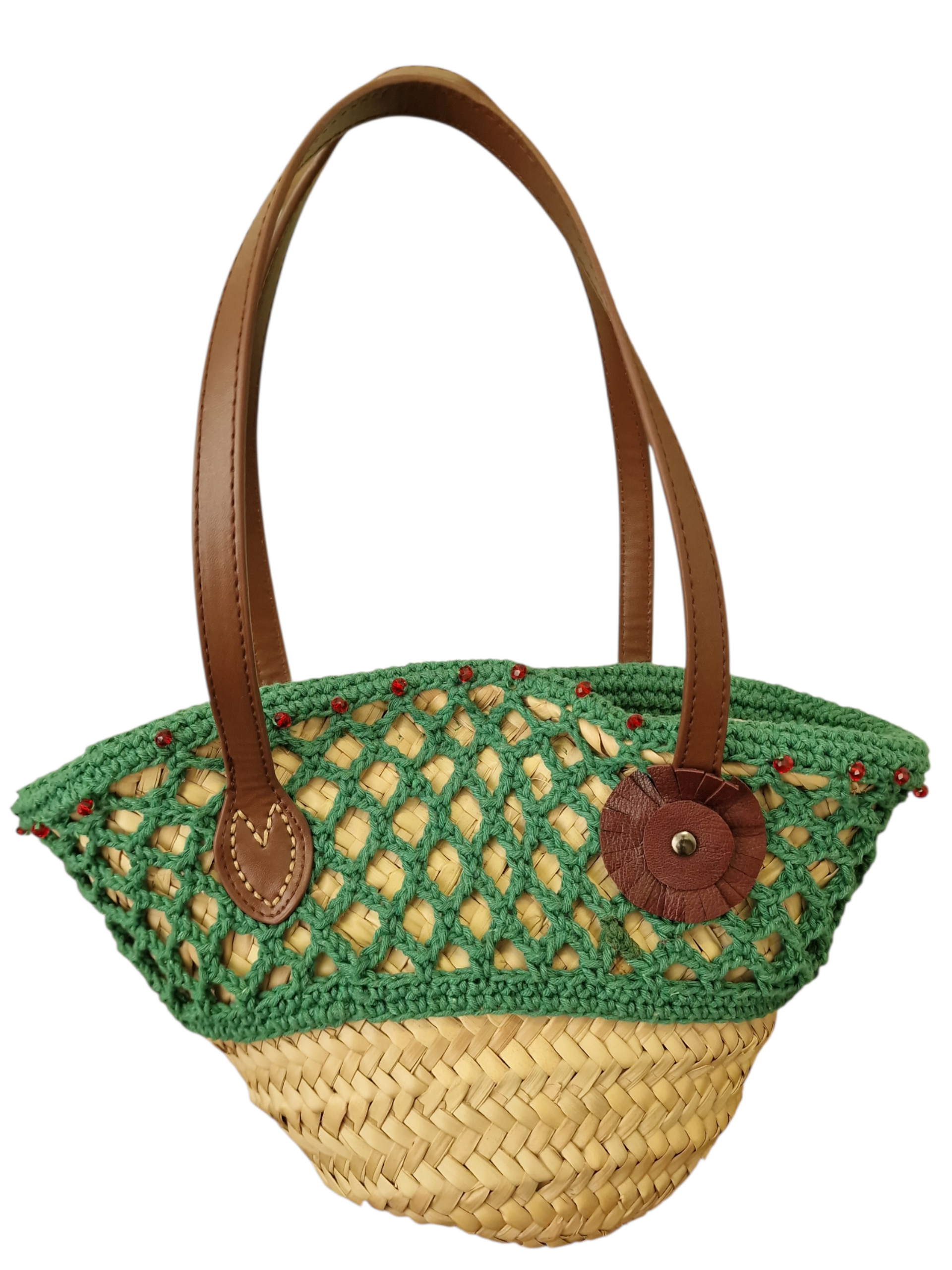 coffetta Aliva della collezione Ammuri , intrecciata a mano in palma nana e rivestita ad uncinetto color verde con manici in pelle vera e punti luce rossi, fiore ammuri in pelle naturale