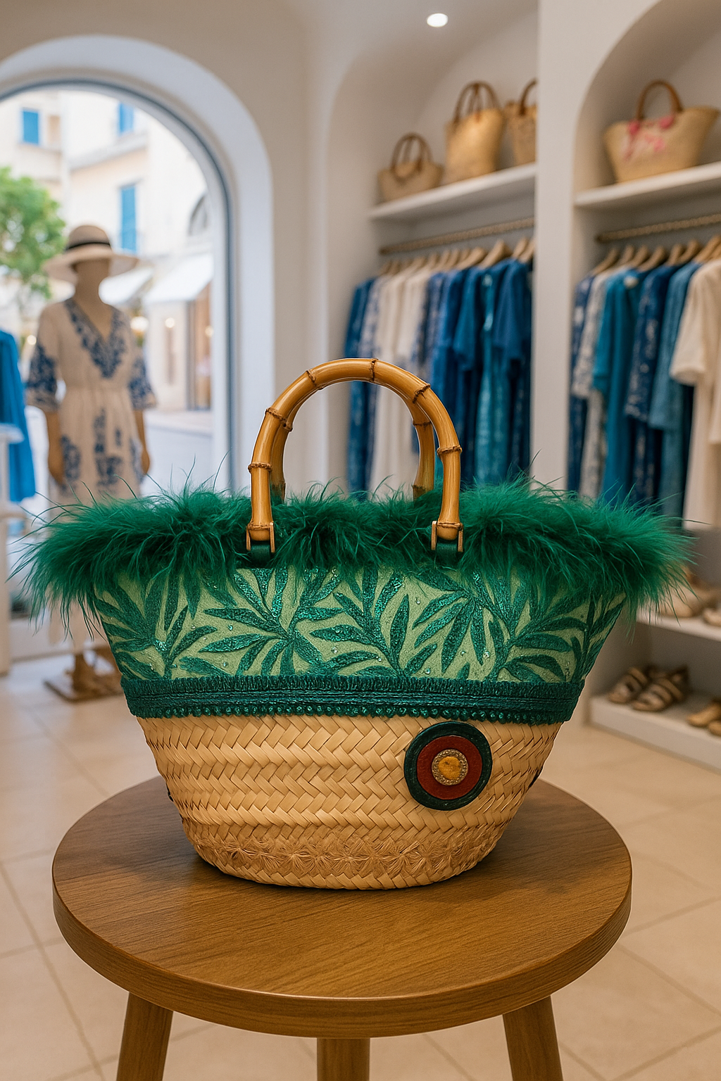 " Coffa Ammalia in fibra naturale intrecciata, rivestimento in tessuto gioiello verde con manici in bambù e decorazioni artigianali in pelle, realizzata a mano in Sicilia"