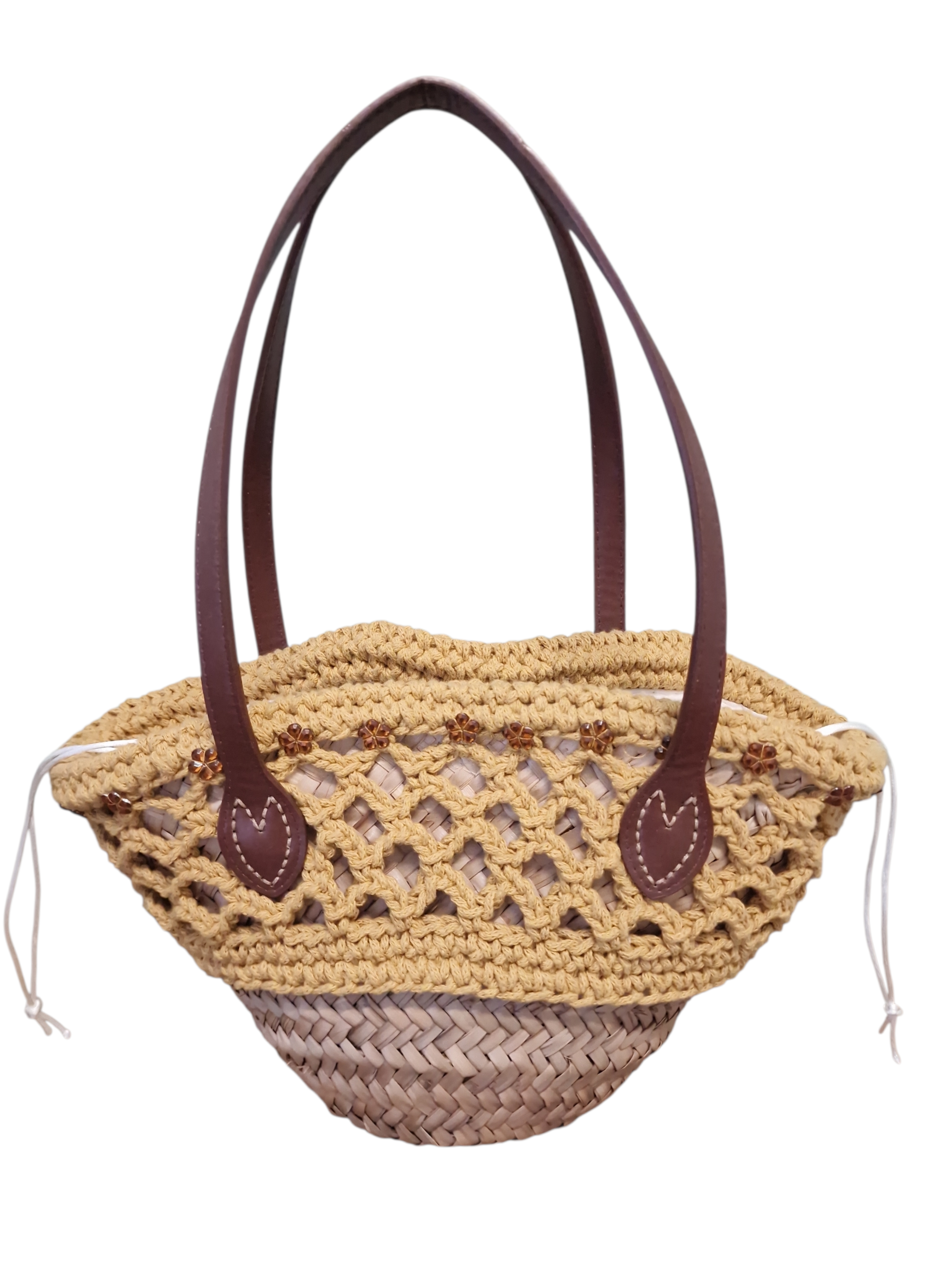 retro della coffetta ammuri rivestita a mano ad uncinetto e charm luminosi , con manici in pelle color testa di moro