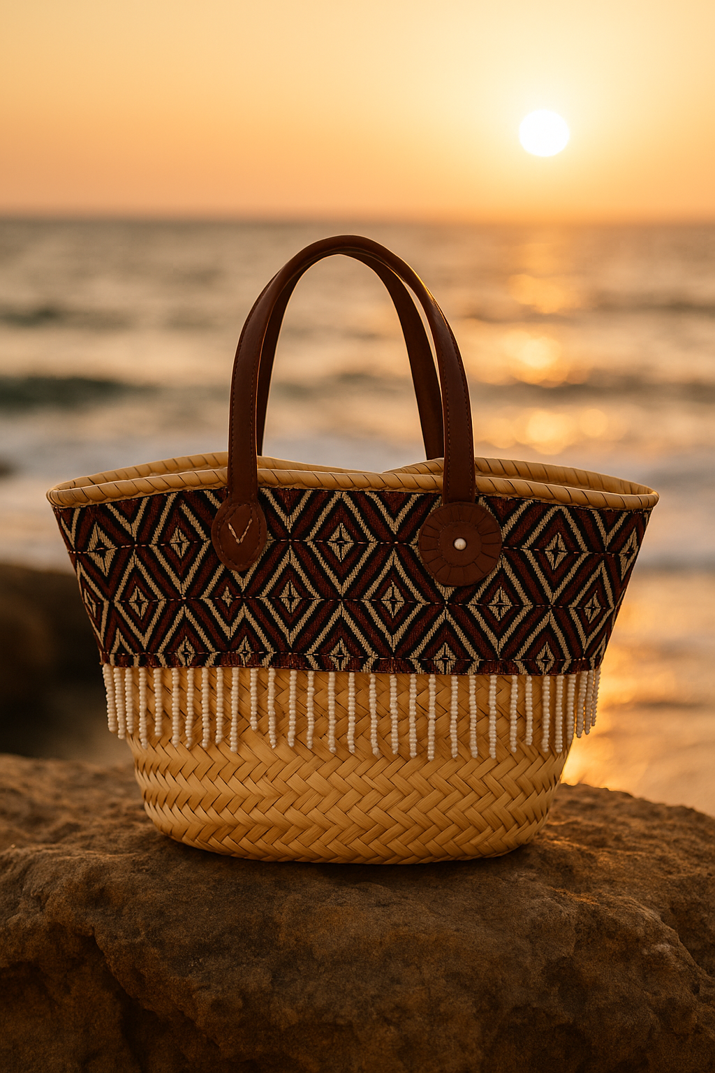 Borsa Perlina Ammuri fotografata al tramonto con riflessi dorati sul mare.