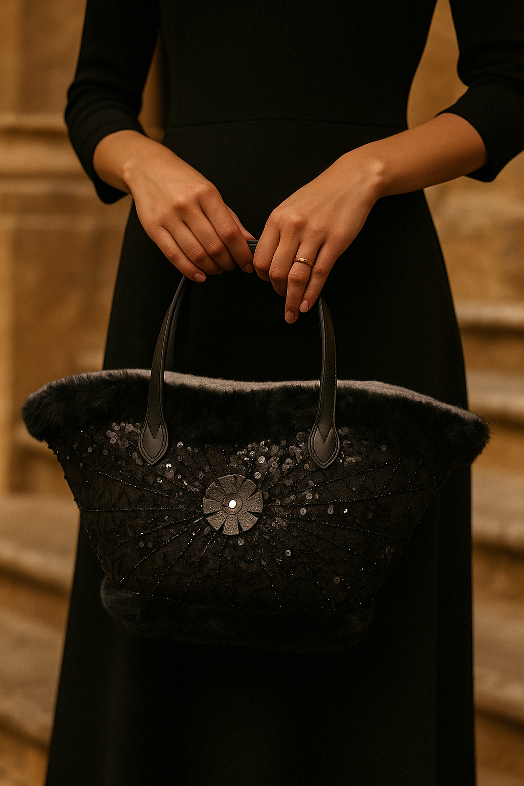 Dettaglio mani femminili che tengono borsa artigianale nera con paillettes e pelliccia. Accessorio couture siciliano fatto a mano.