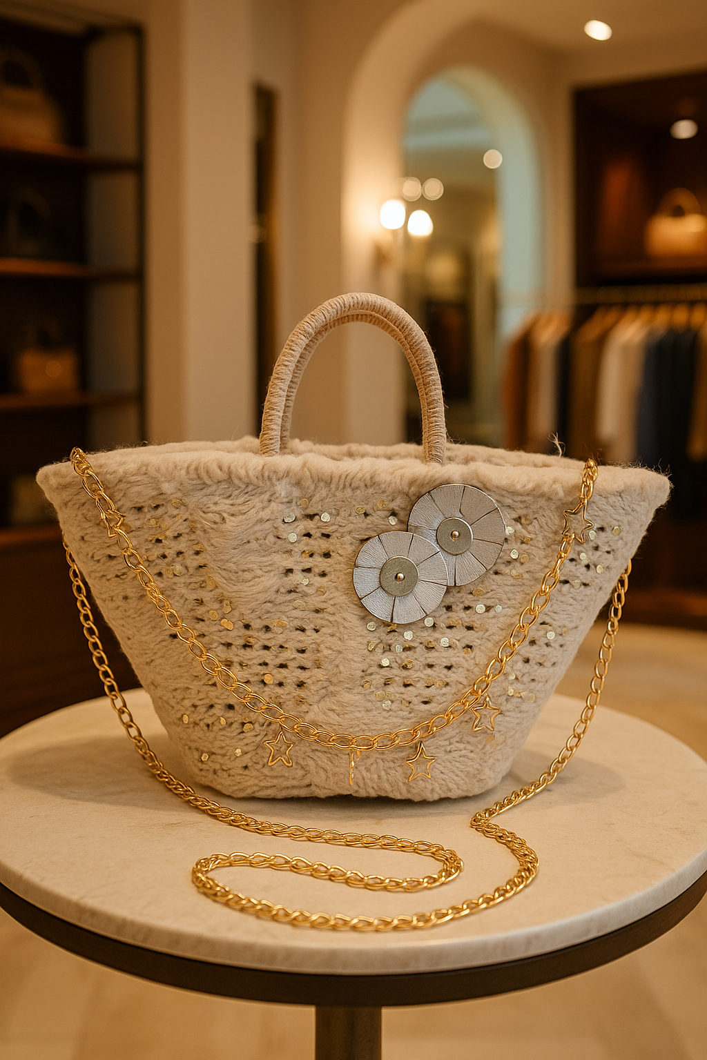 Borsa artigianale siciliana in ecopelliccia panna con pailette platino e fiore in pelle naturale Ammuri