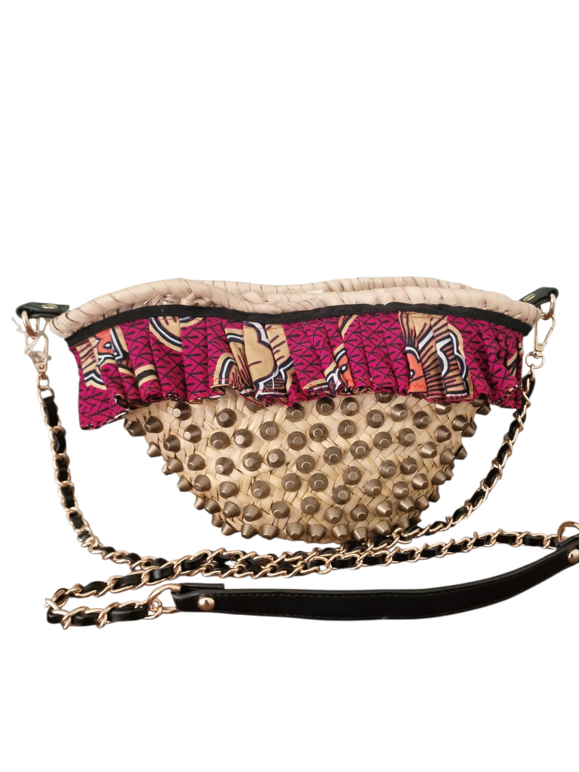 retro della coffetta ammurusa con fascia in cotone a fantasia , bochie dorate e manico in pelle e metallo dorato