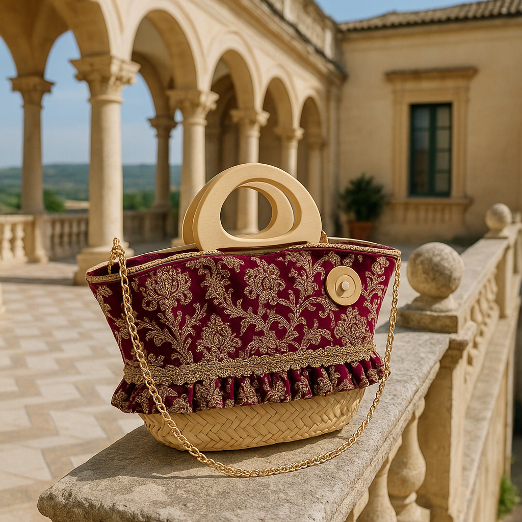 Coffa Scintilla in velluto burgundy ricamato oro posata su balconata in pietra in palazzo storico siciliano.