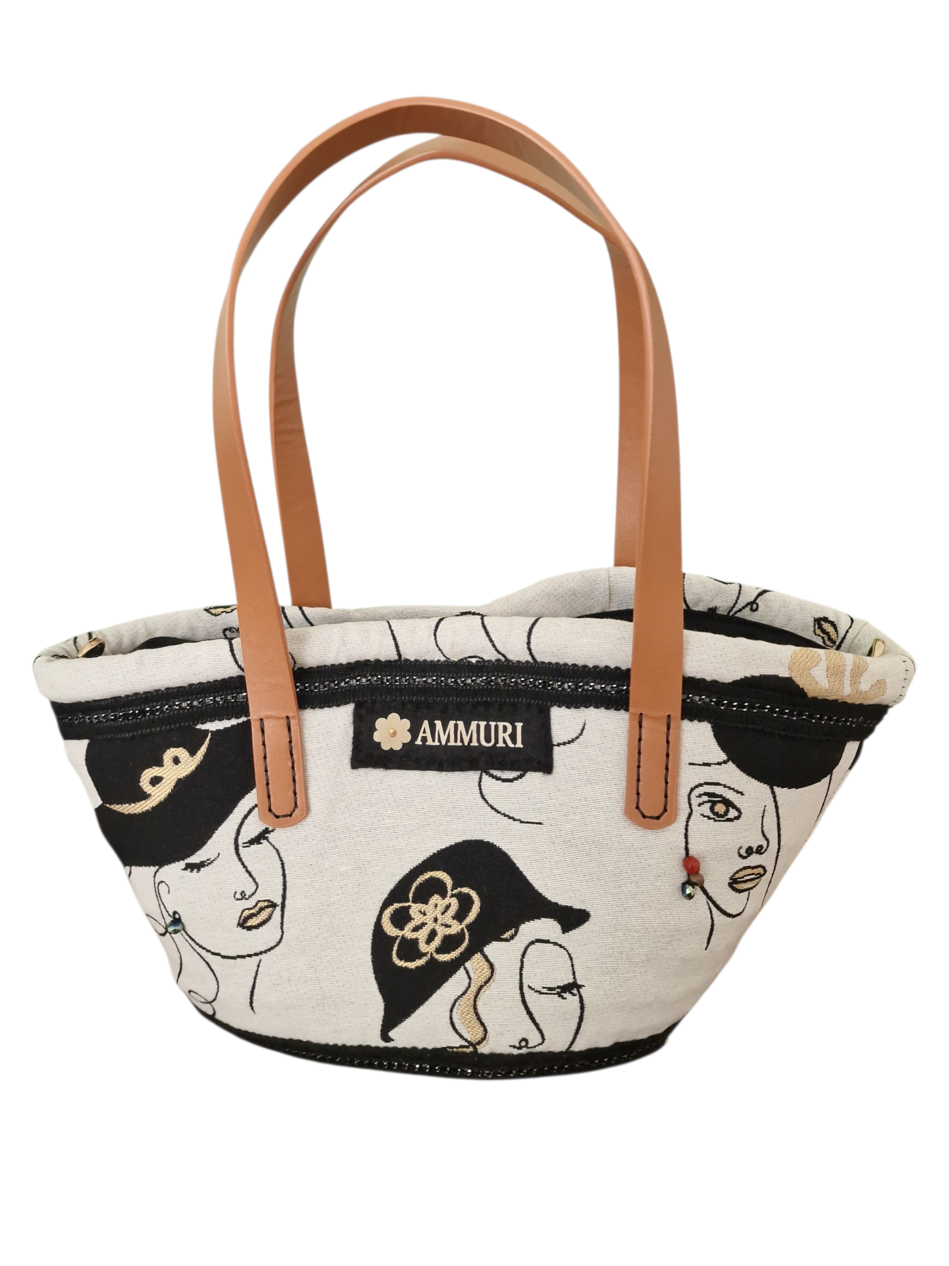 Vista laterale coffa siciliana Ragusa medio-piccola con stampa volti femminili e manici in pelle naturale