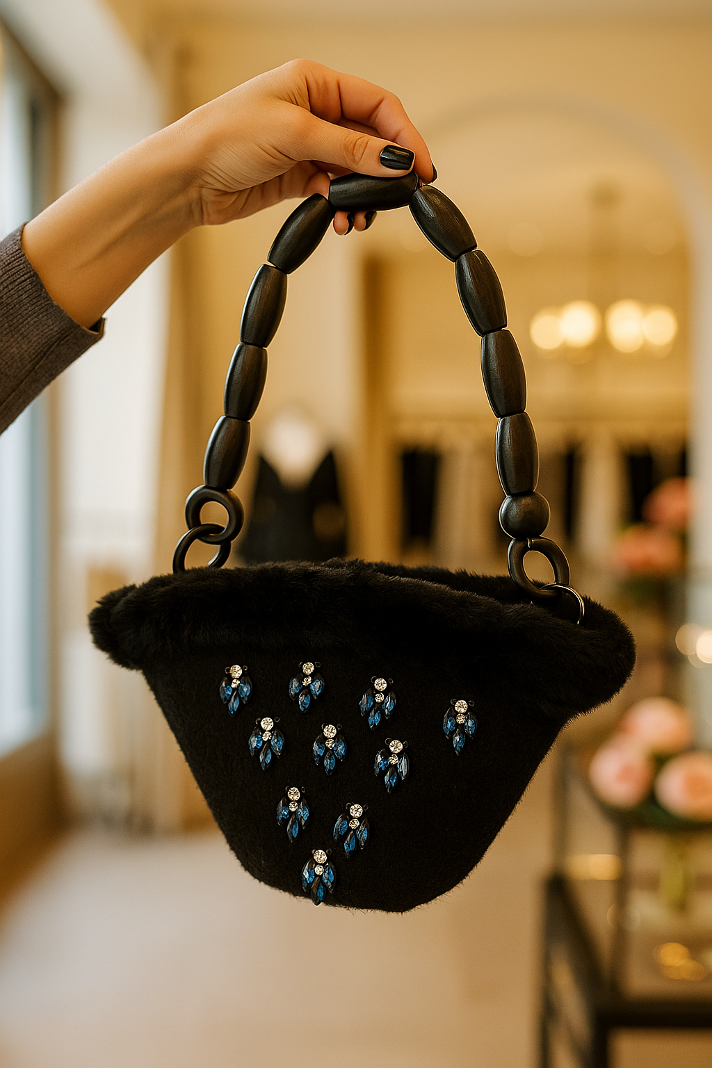 Borsa couture in lana nera con manico scultura e applicazioni gioiello blu, fatta a mano in Sicilia. Stile elegante e moderno.