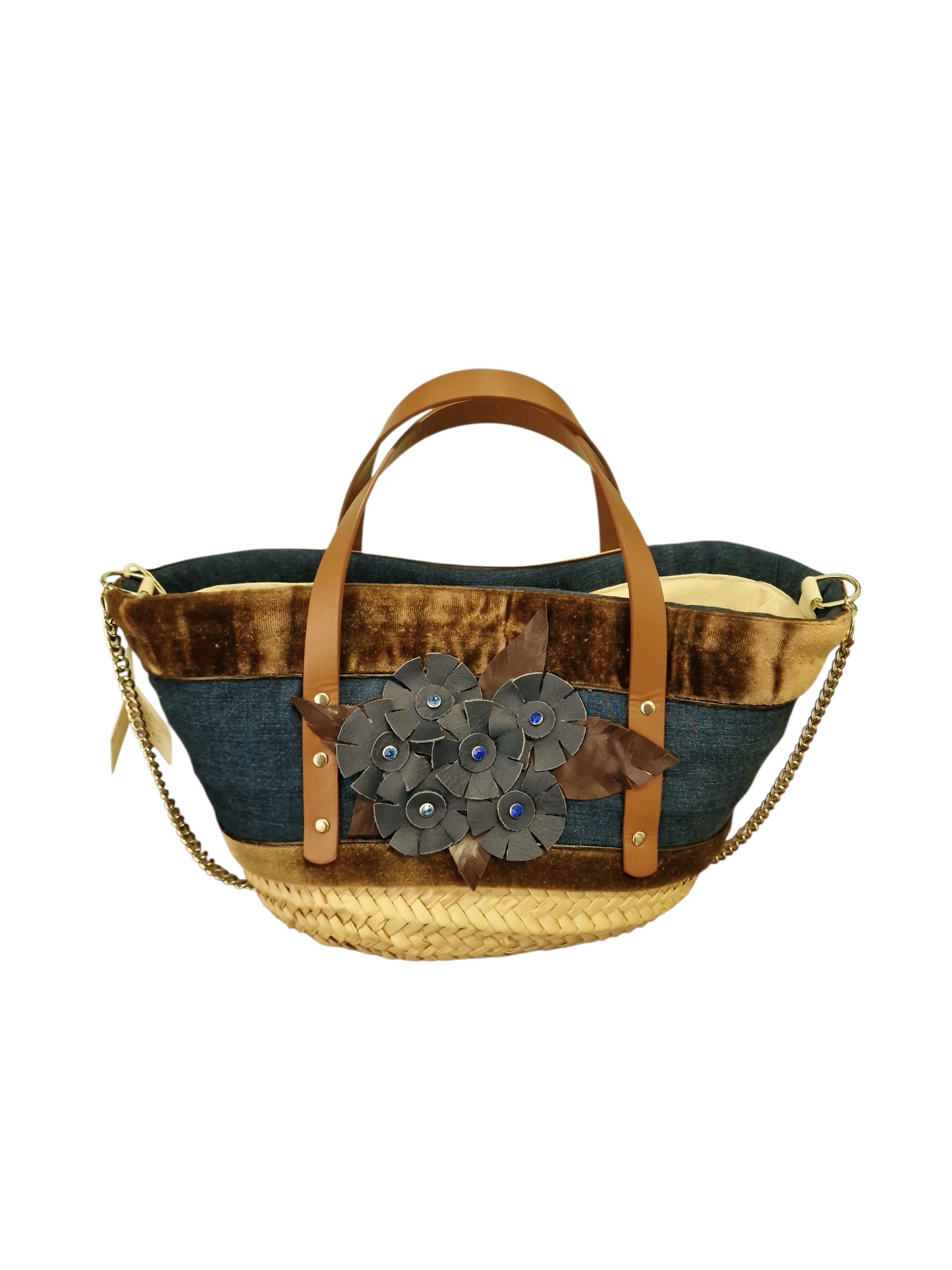 zafira borsa coffa artigianale in velluto e denim con fiori in pelle blu