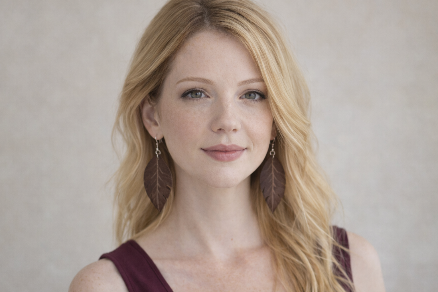 Orecchini Fronda in pelle marrone indossati su modella bionda, bijou artigianali fatti a mano