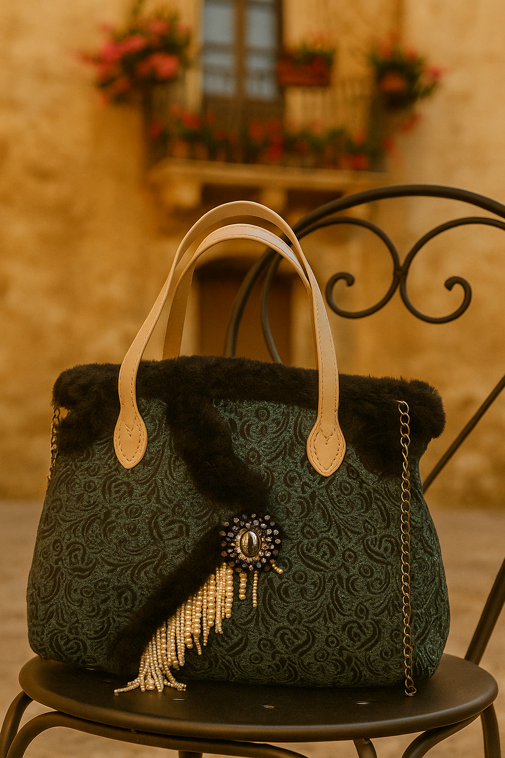 Borsa artigianale Mirèa in tessuto damascato e dettagli gioiello, realizzata a mano in Sicilia.