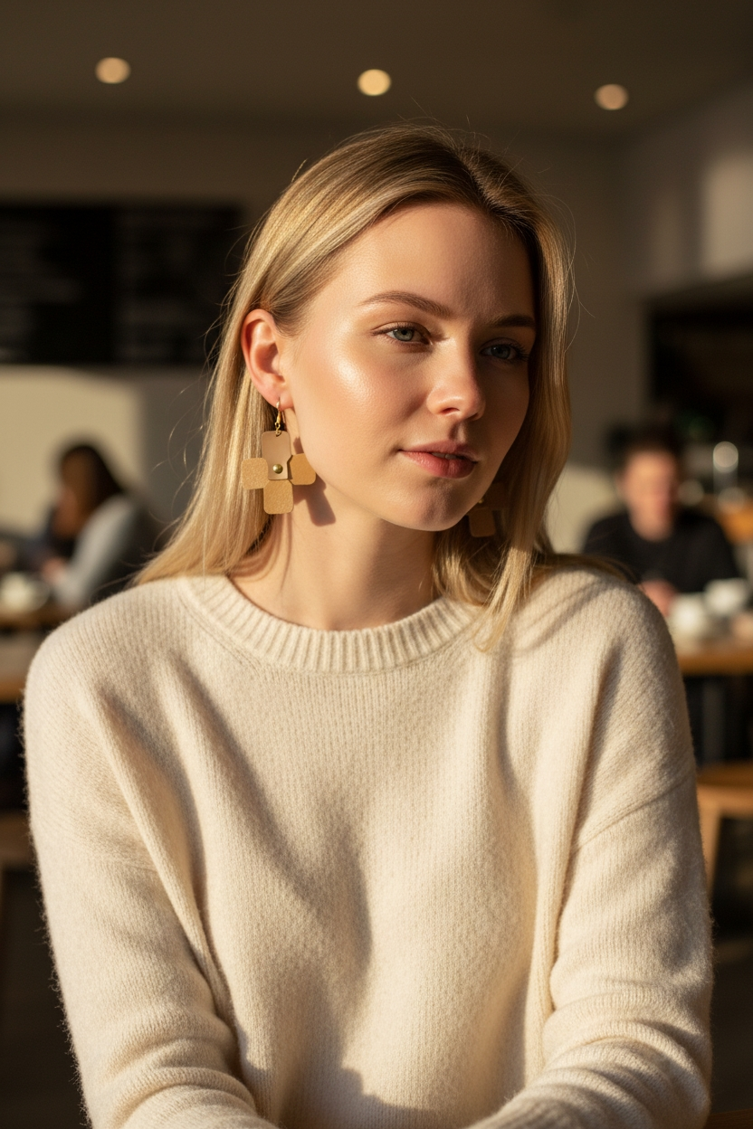 Gli orecchini ELICA Ammuri indossati in un contesto quotidiano ed elegante, pensati per valorizzare il volto con leggerezza e movimento.