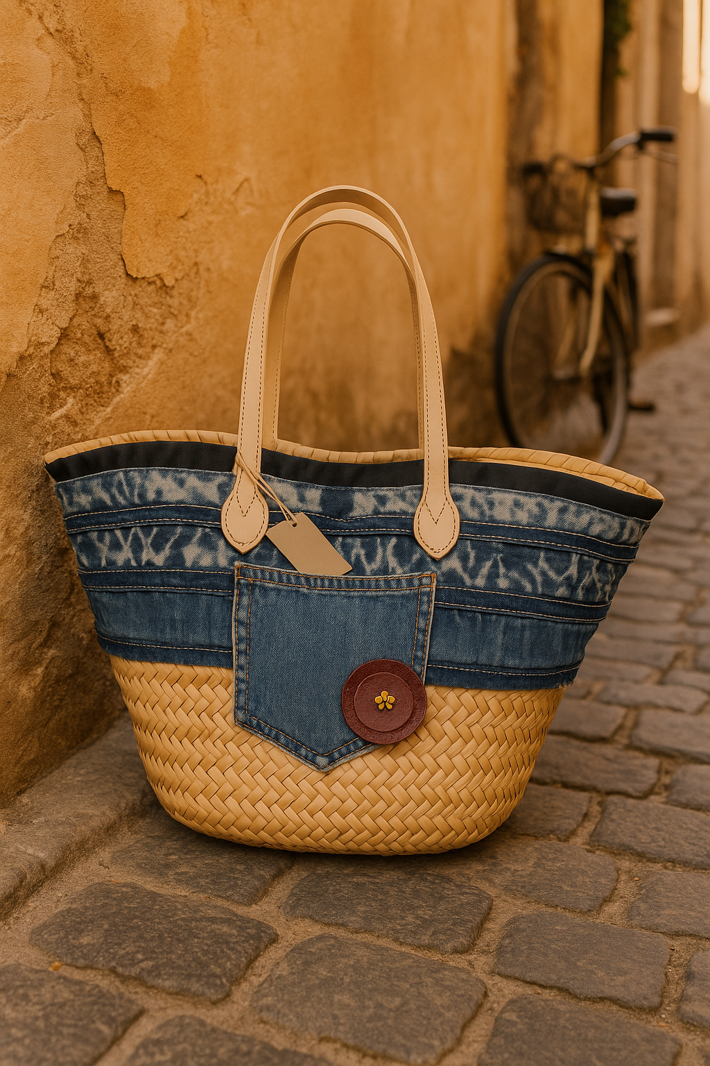 Coffa artigianale Ammurti Sole di Denim in jeans e paglia intrecciata con fiore Ammuri in pelle, realizzata a m,ano in Sicilia