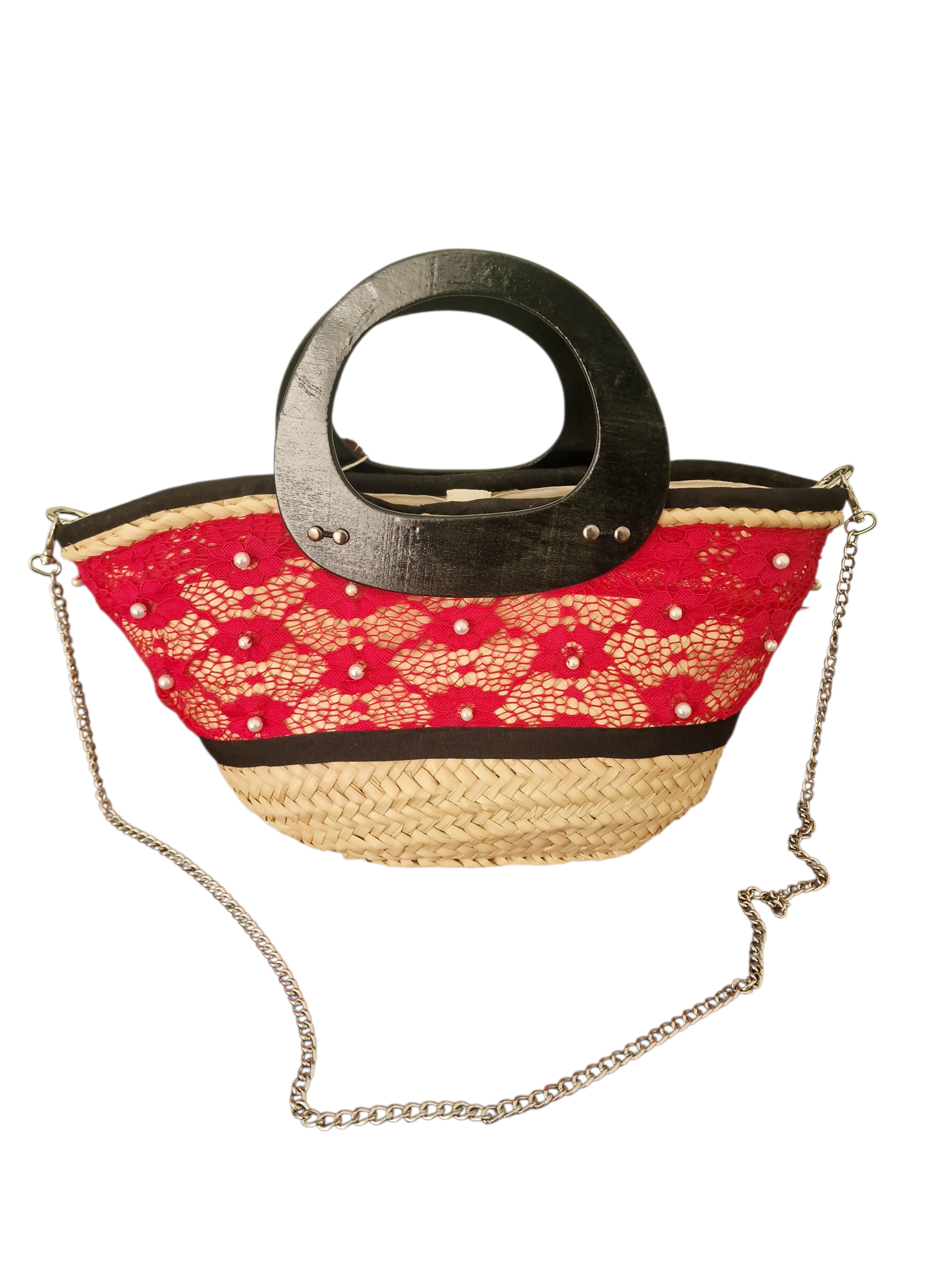 retro della coffa sciantosa borsa della collezione ammuri in pizzo fuxia e manici in legno nero