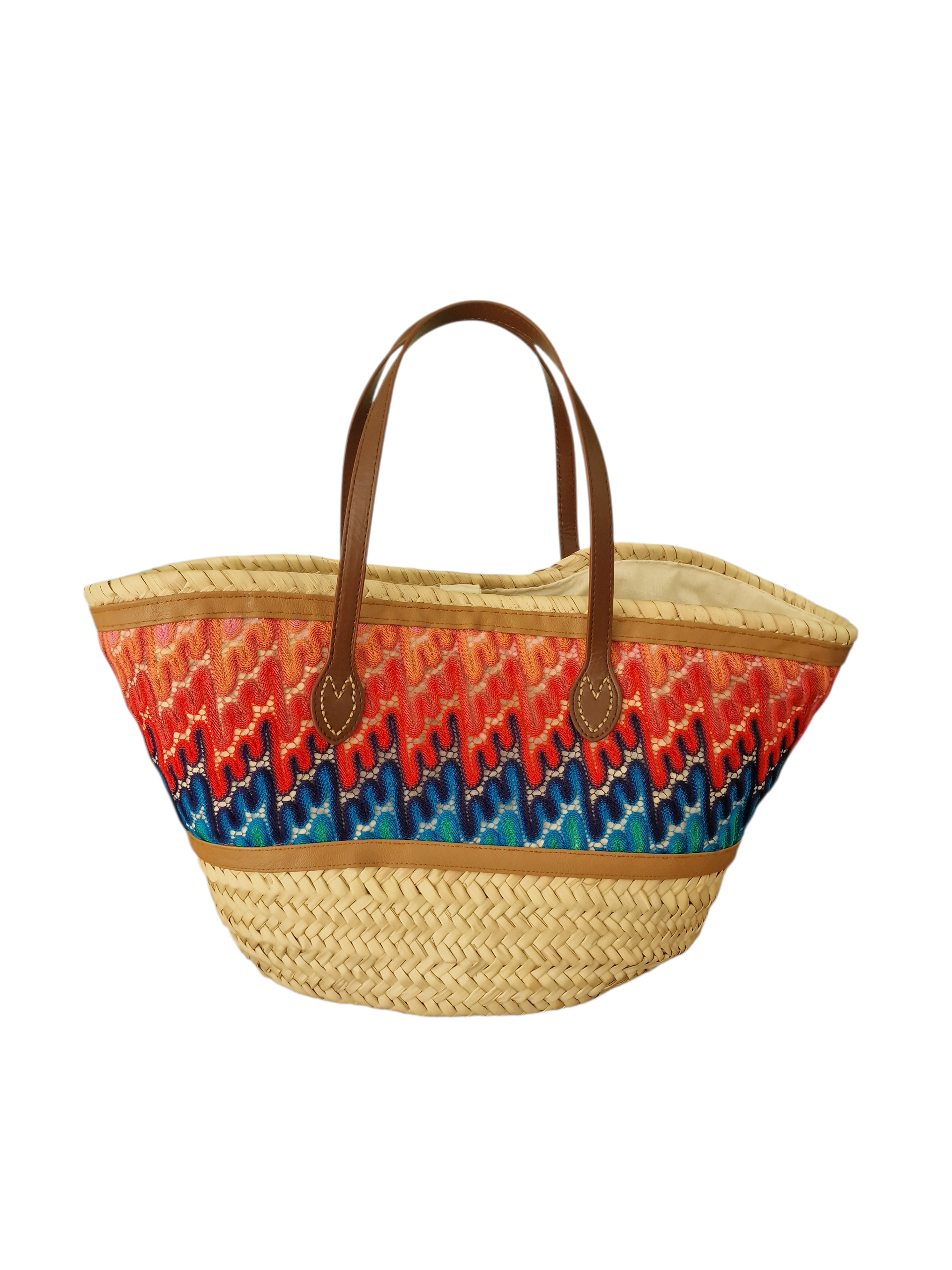 Retro della borsa Magma, che mette in risalto l’intreccio naturale e l’unicità del tessuto colorato.