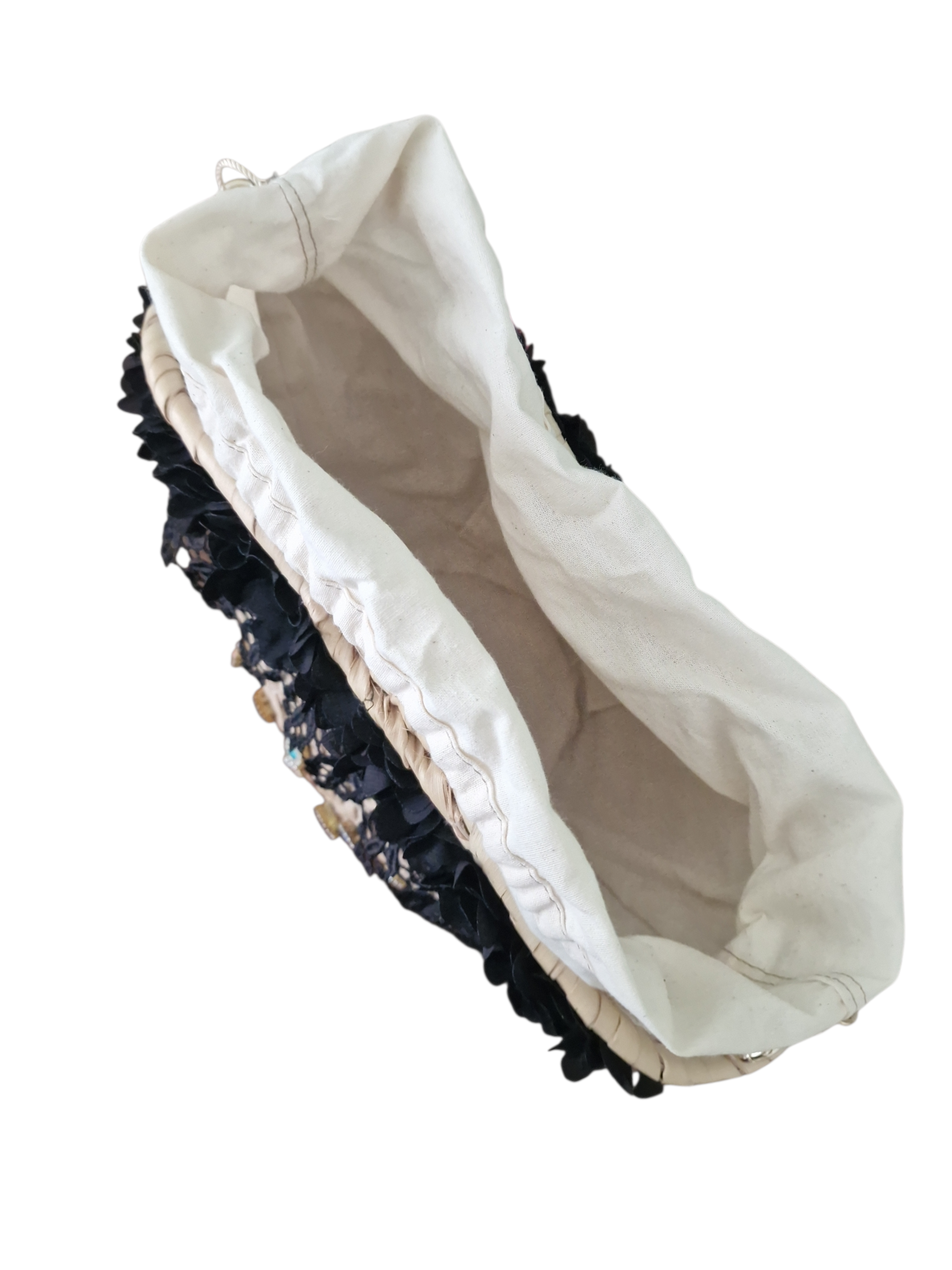 vista del sacchetto interno in cotone grezzo naturale color panna e tasca con cordoncino