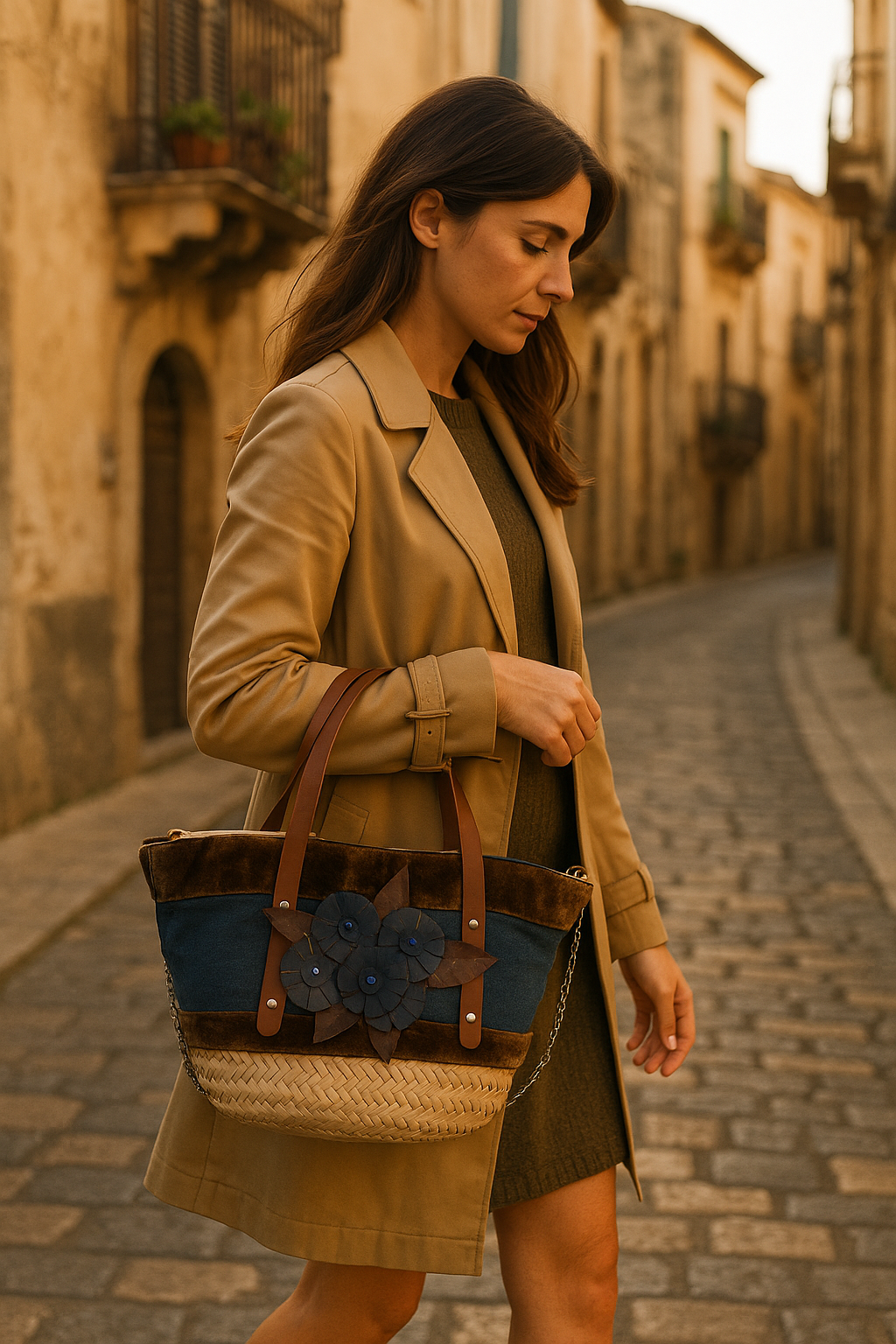 Borsa Zafira Ammuri indossata da modella con trench beige in strada siciliana.