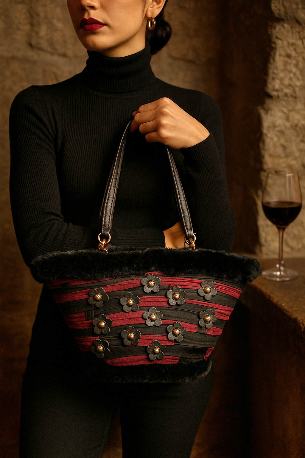 Donna con dolcevita nero e rossetto scuro che tiene la borsa Elison, coffa luxury con intreccio rosso e nero e fiori applicati