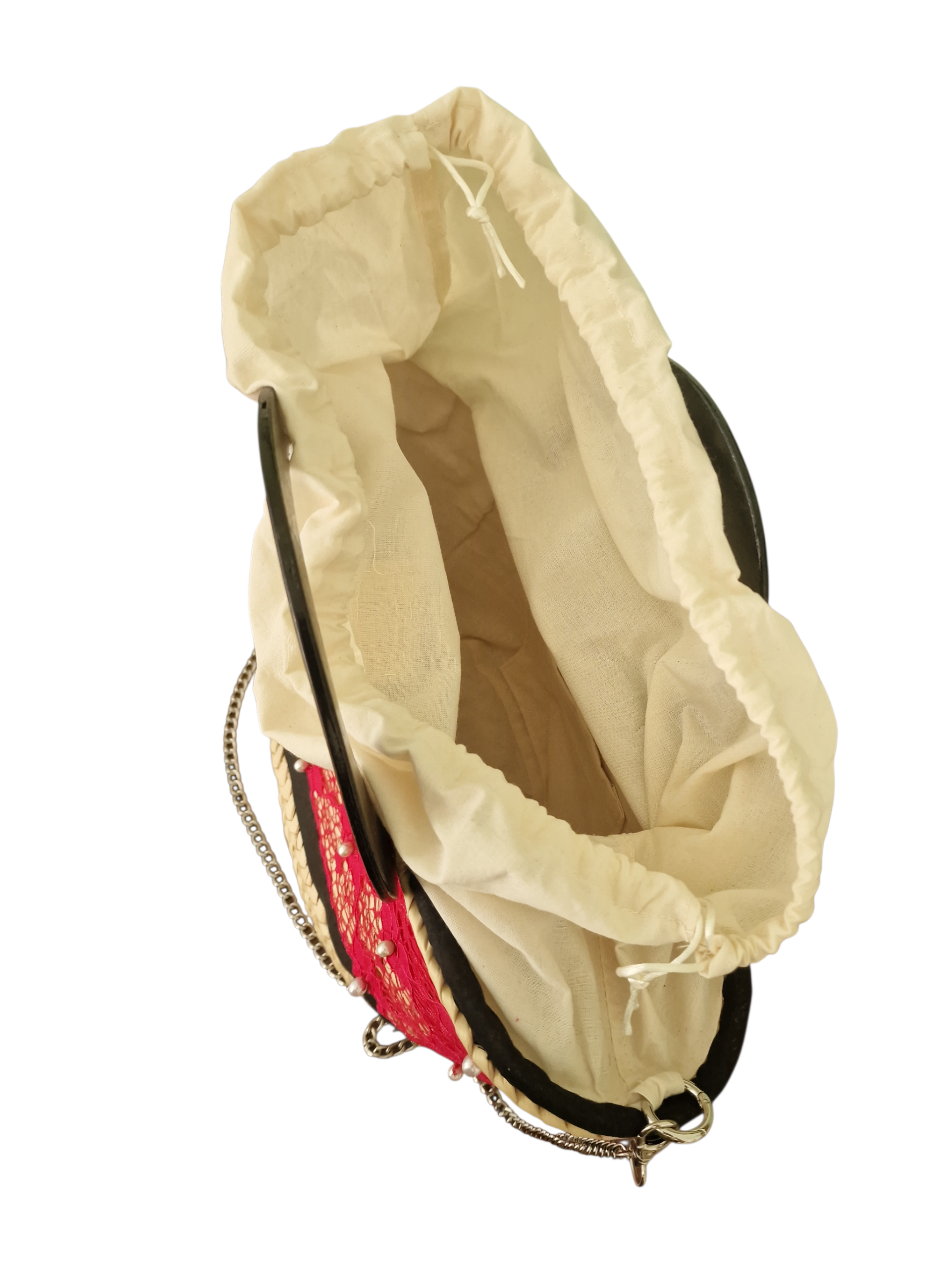 interno della borsa coffa sciantosa rivestita in cotone grezzo color panna e tasca