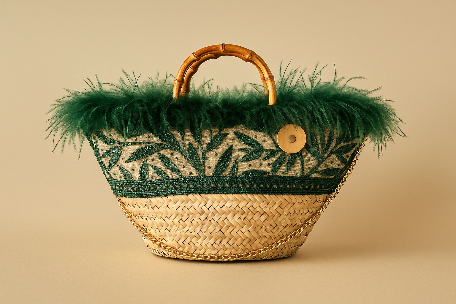 Coffa Ammalia Ammuri-  borsa artigianale siciliana intrecciata a mano, con piume di struzzo verdi e dettagli dorati , simbolo di eleganza mediterranea