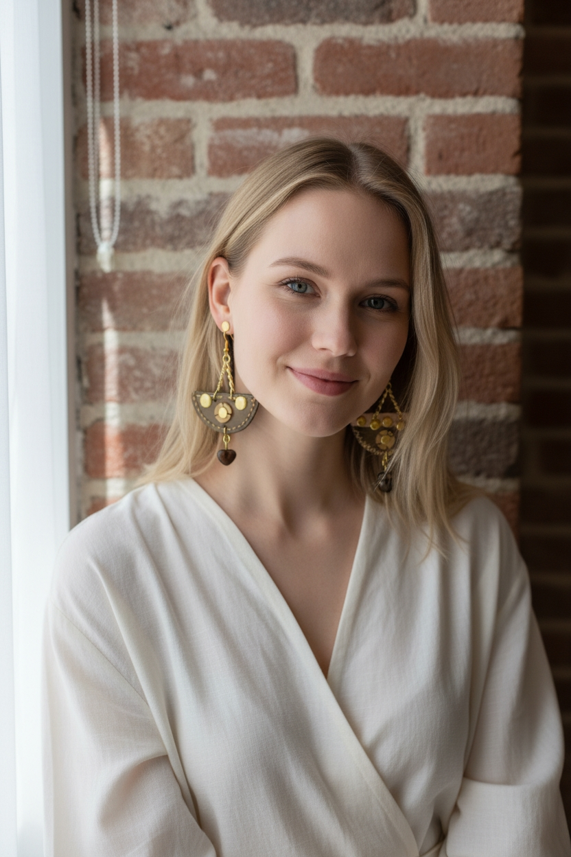 Orecchini artigianali Ammuri modello Coffetta in pelle verde e rosa cipria, con bottoncini dorati e lavorazione a mano, indossati su modella.