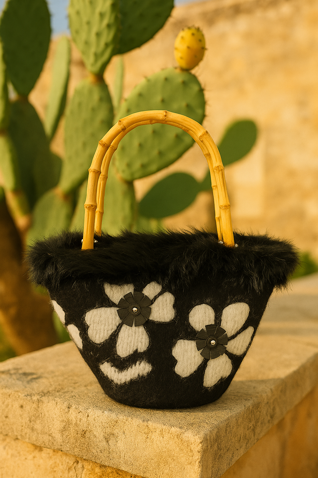 Coffa siciliana romantica Fiori d’Ammuri con lana nera e manici bamboo, fotografata tra fichi d’India in Sicilia.