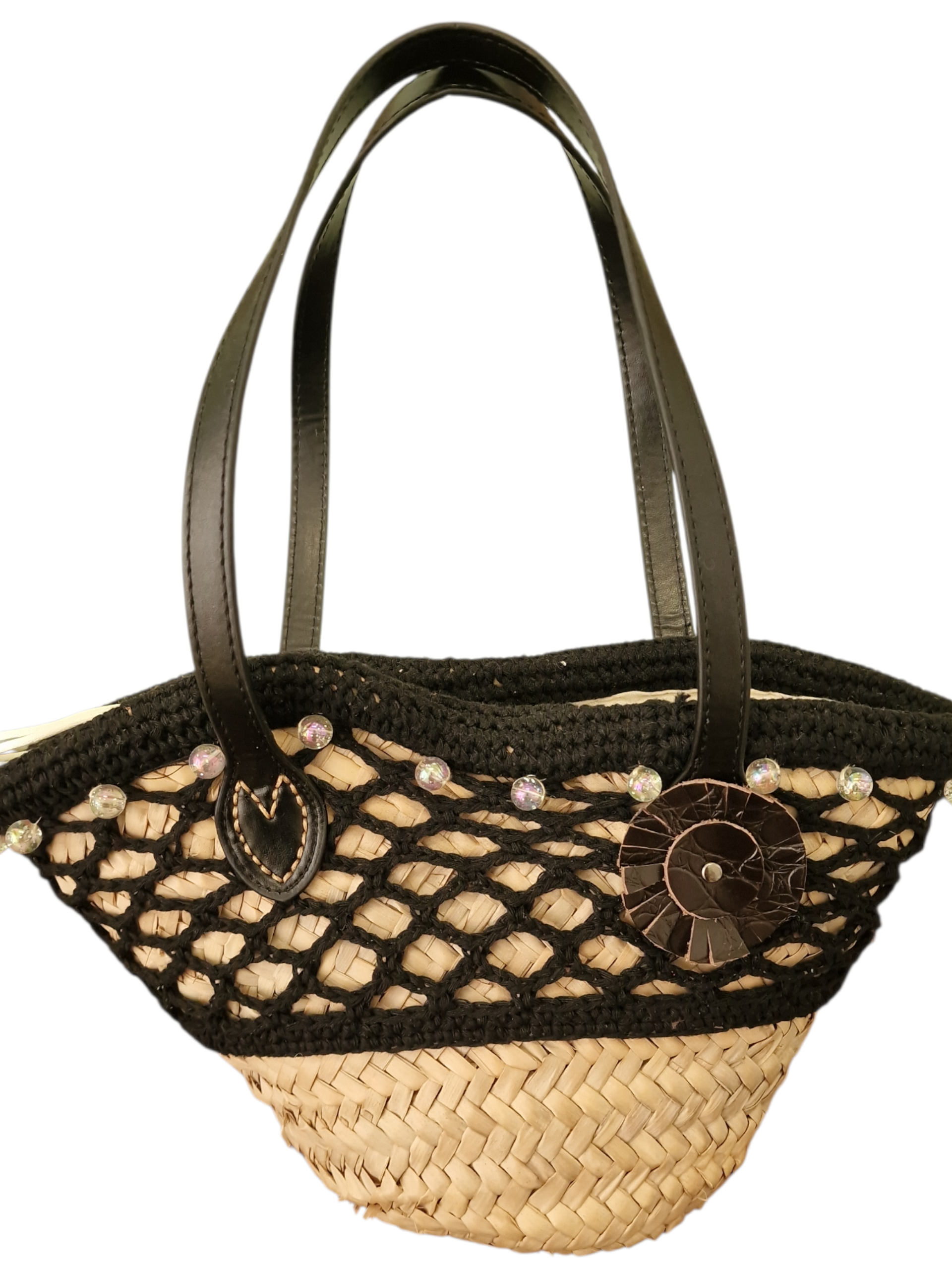 coffetta luna d'ammuri su base di palma nana fatta a mano e rivestita a uncinetto fatto a mano con perle , fiore ammuri, manici in vera pelle