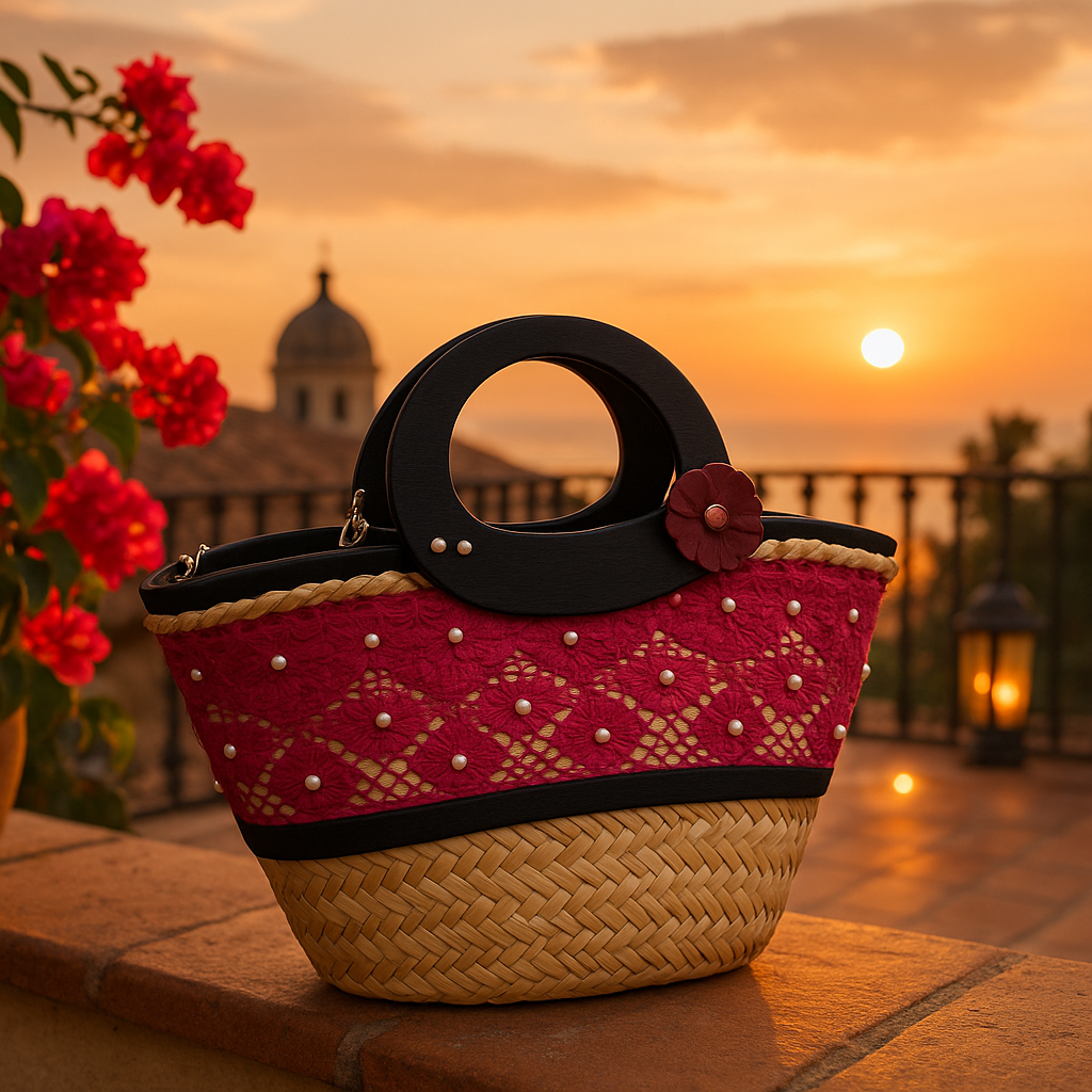 Coffa “Sciantosa” Ammuri con dettaglio pizzo e perle, ambientazione Sicilia al tramonto