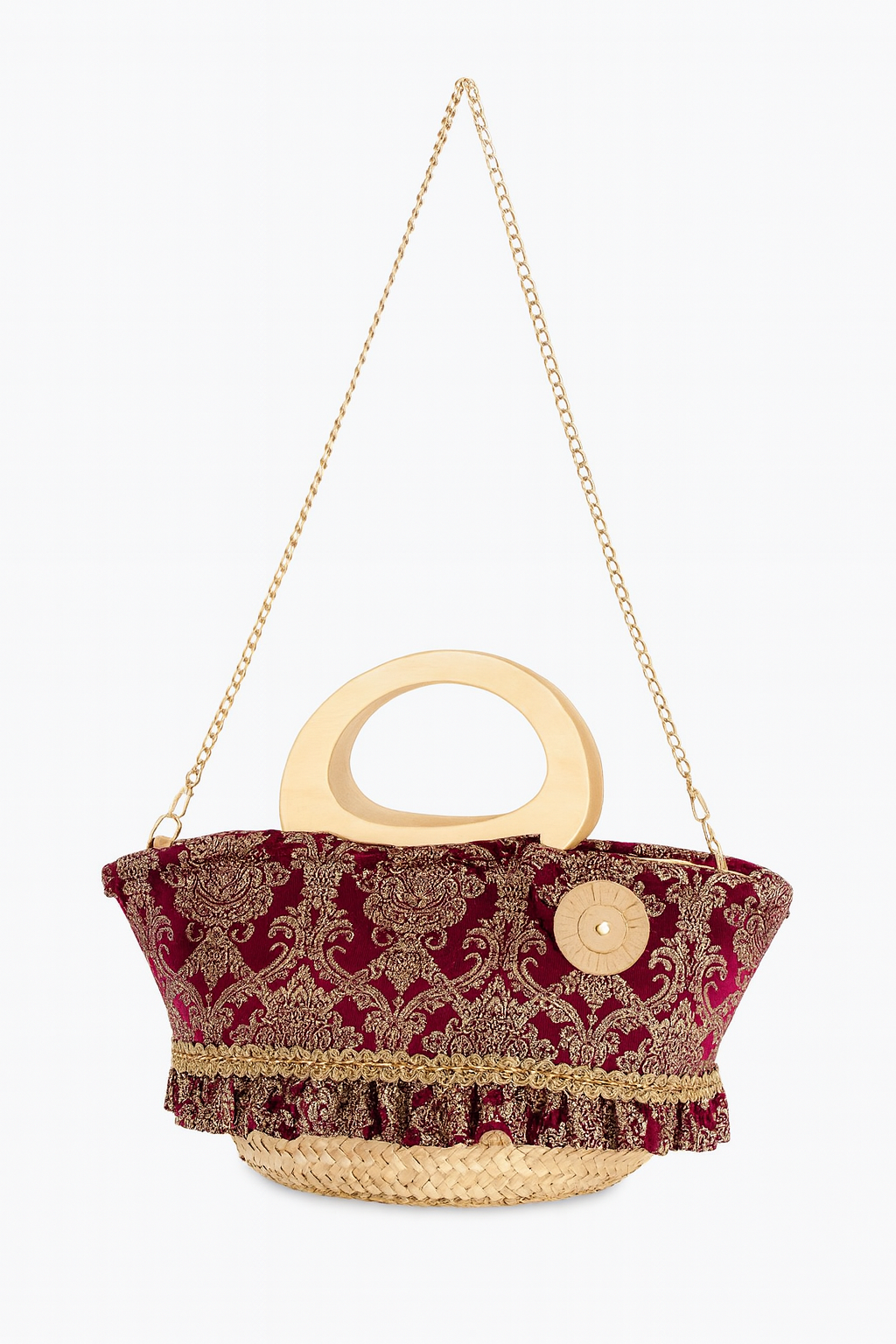 Coffa Scintilla in velluto burgundy ricamato oro con manici in legno e catena oro, su sfondo bianco.