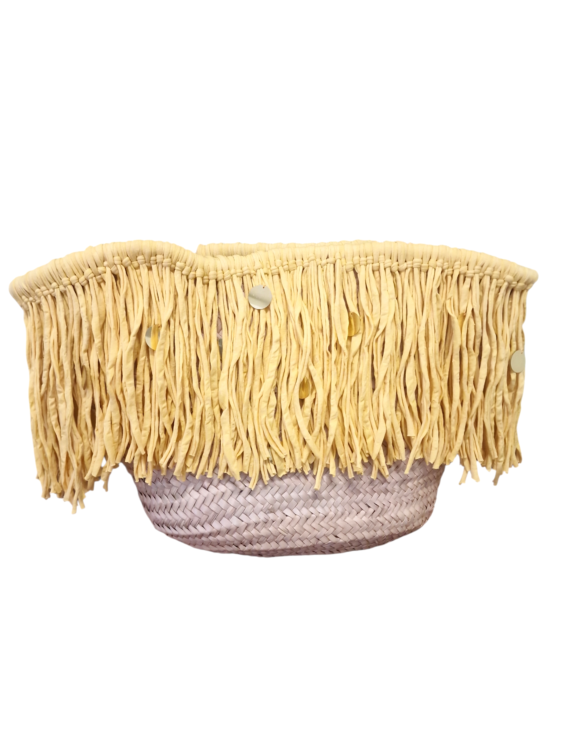 retro della maxi coffa ammuri con frangia in cotone e paillette applicati a mano