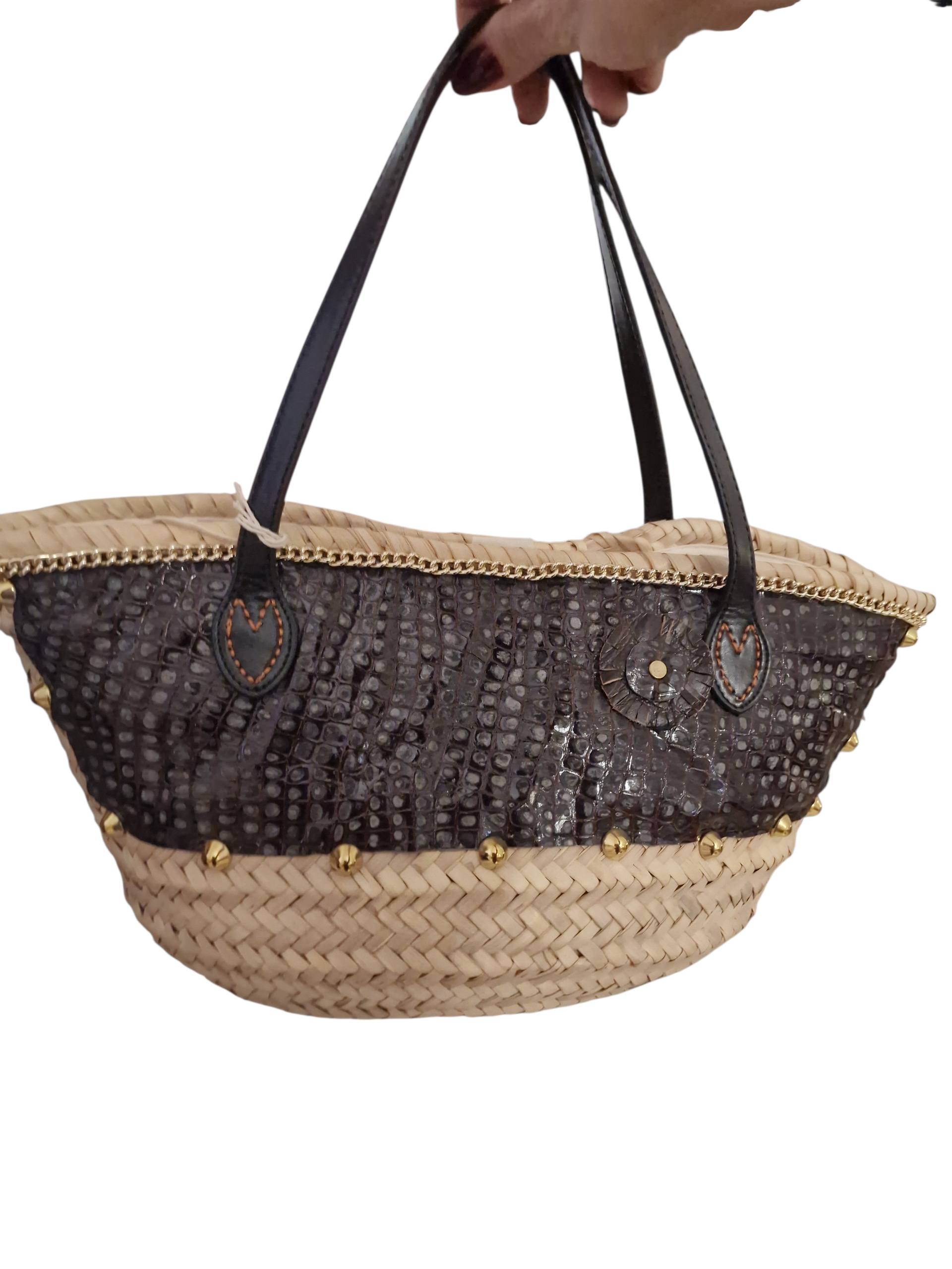 Coffa scintilla media grandezza con rivestimento in pelle di cocco catenella dorata, fiore Ammuri e manici in pelle